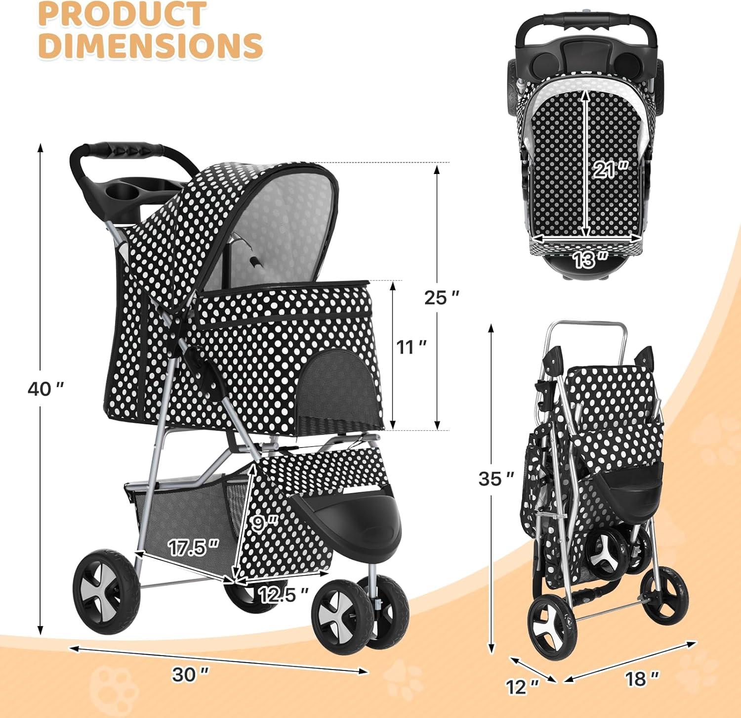 Pet Stroller Dog Cat Stroller Foldable Stroller With Adjustable Canopy