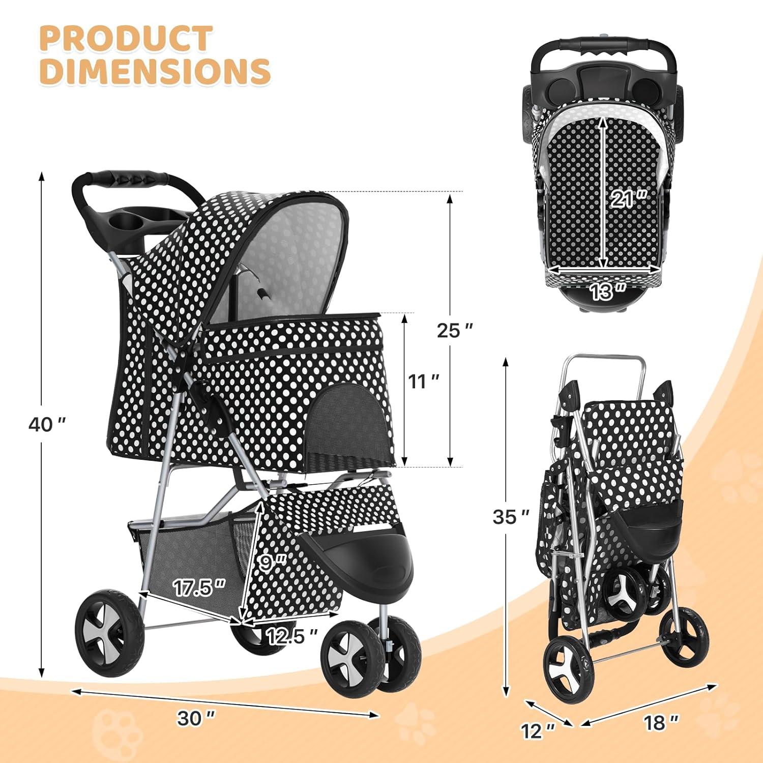 Magshion Foldable Pet Dog and Cat Stroller with Adjustable Canopy Storage Basket and Cup Holder for Small and Medium Pets