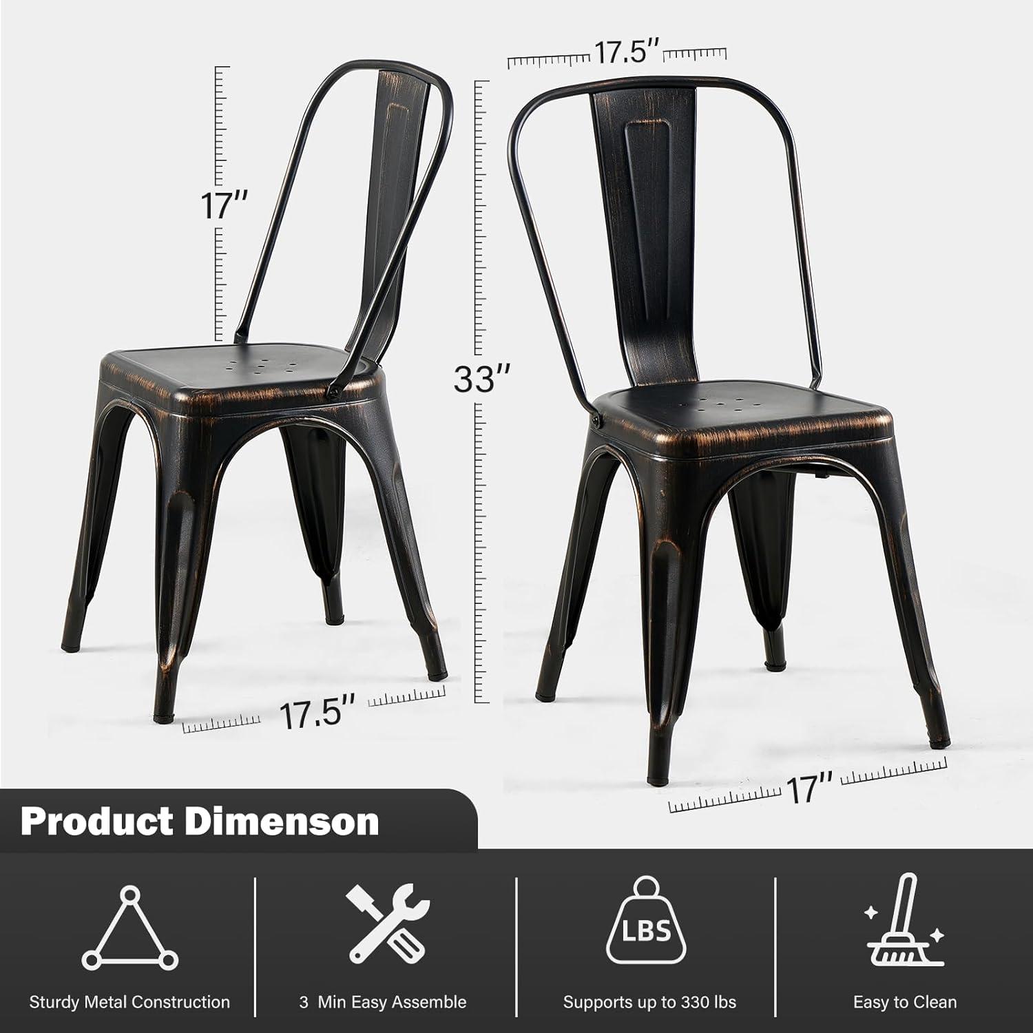 SOLEGGIATA Juego de 2 Sillas de Comedor de Metal Hierro Apilable Exterior/vintage/cocina Restaurante Mate Medianoche Negro