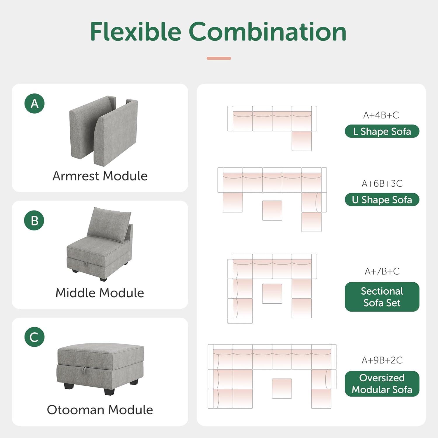 HONBAY Convertible Sectional Couch with Reversible Chaise Modern L-Shape Sofa 4-Seat Couch Modular Sectional Sofa with Storage Seats, Grey