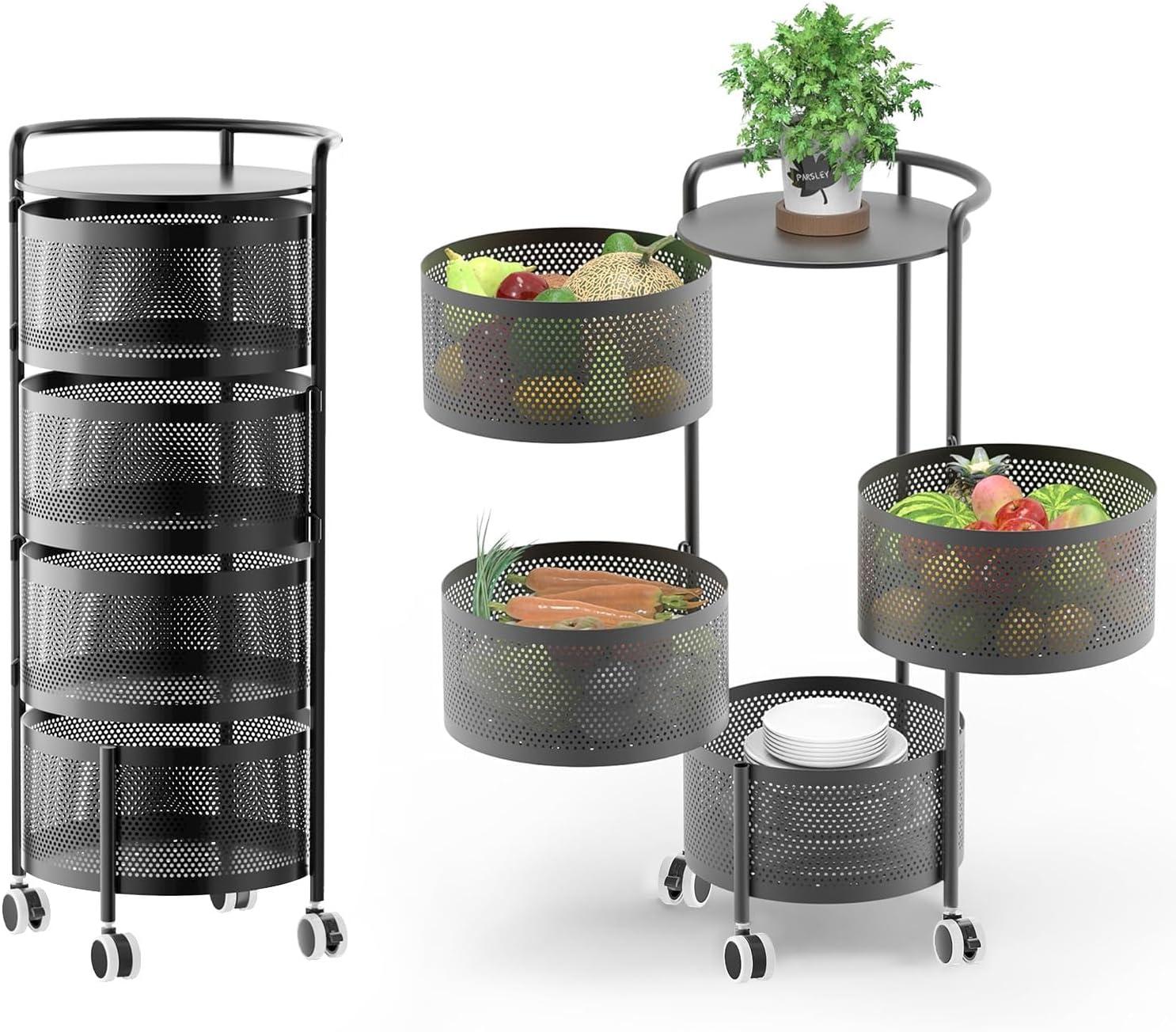 Rotating Kitchen Storage Rack No Assembly, 4-Tier Metal Storage Tower Basket Shelves Organizer on Rolling Wheels with Removal Drawers for Fruit Vegetable Grocery Corns Potato Onion (4-Tier, Black)