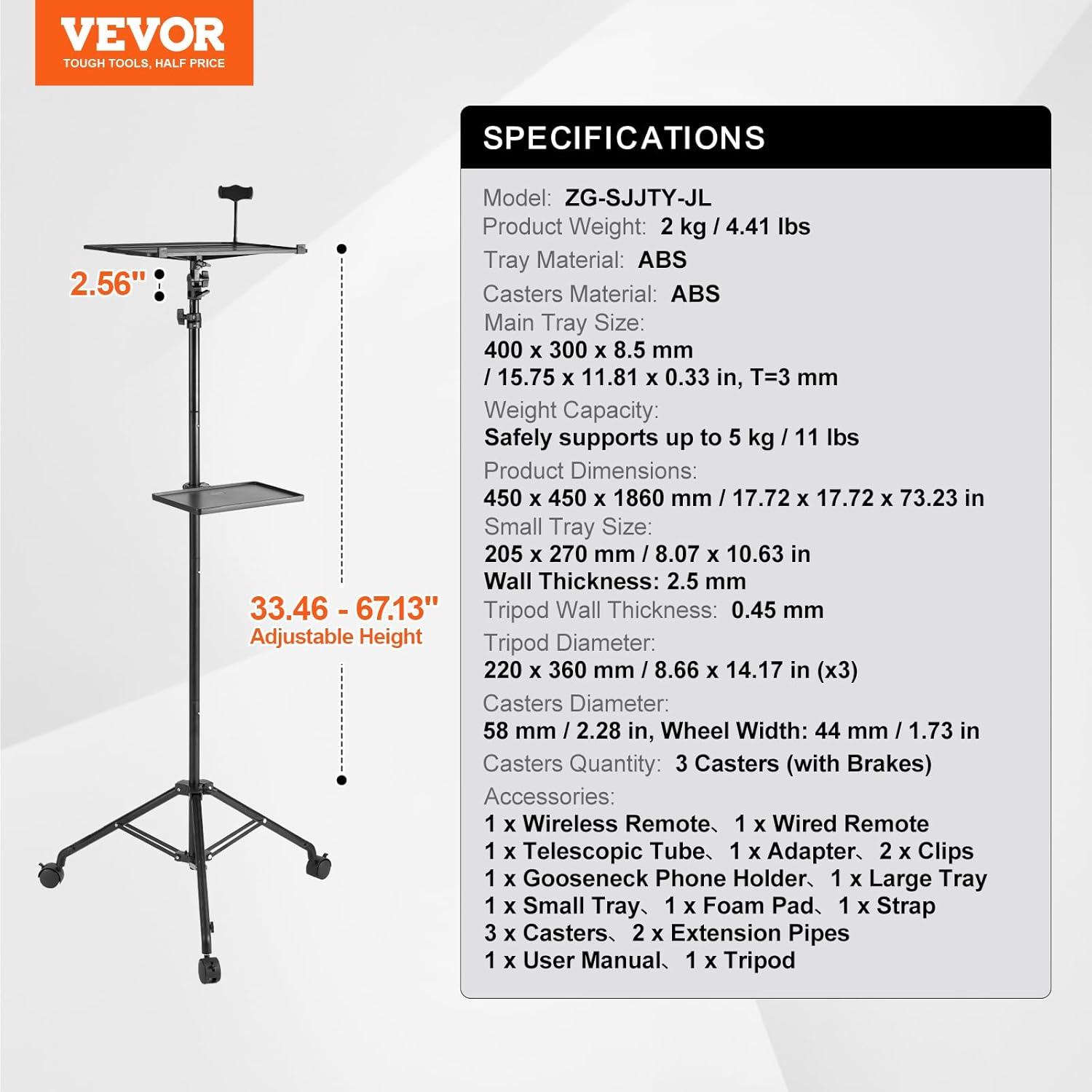 VEVOR Projector Stand with Wheels, Laptop Stand Tripod Adjustable Height from 31.3 to 67.3", Projector Tripod Stand with 2 Trays & Gooseneck Phone Holder, for Outdoor Movies, Home, Office or Studio