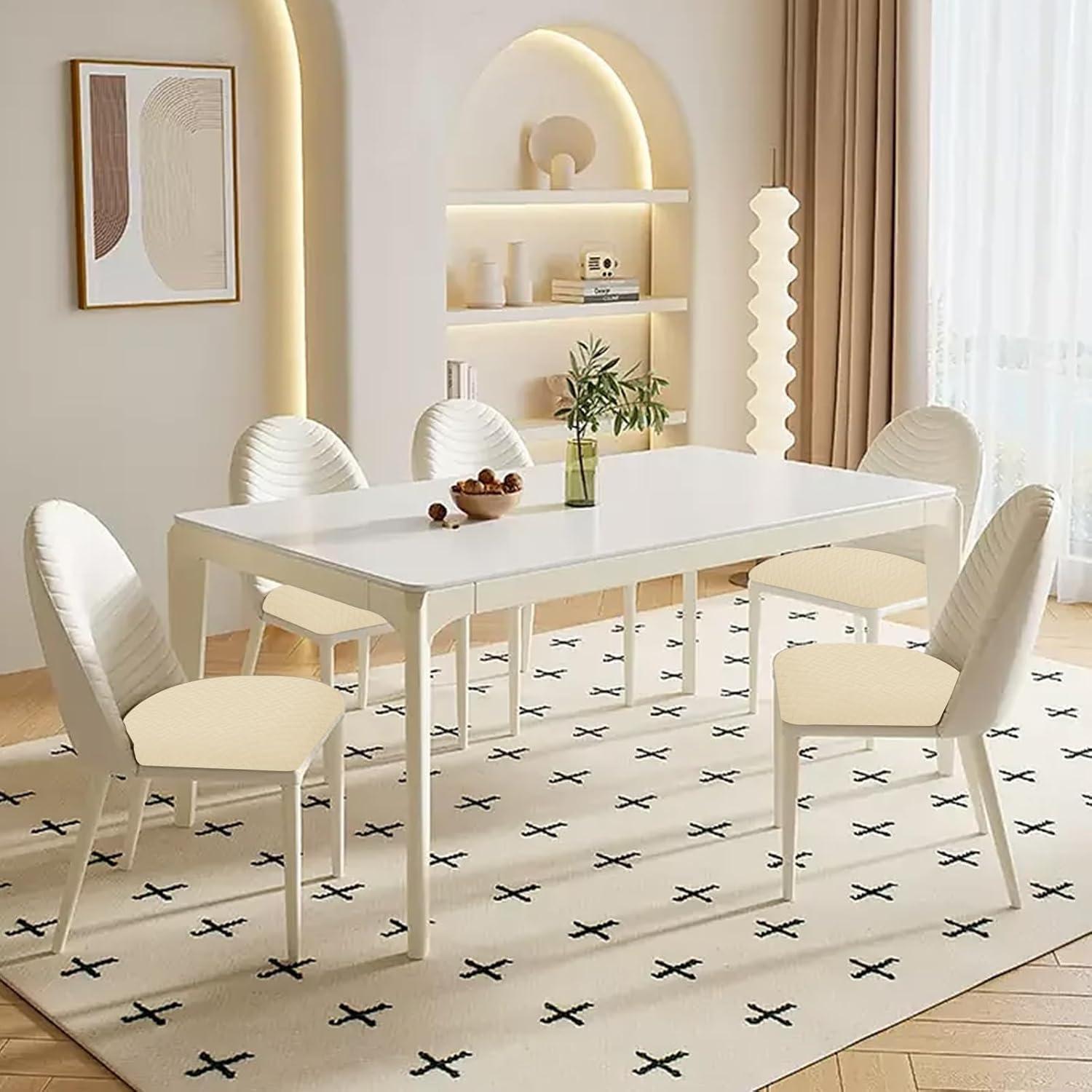 Smiry Dining Chair Seat Covers Stretch Jacquard Chair Slipcover with Ties (Set of 6, Beige)