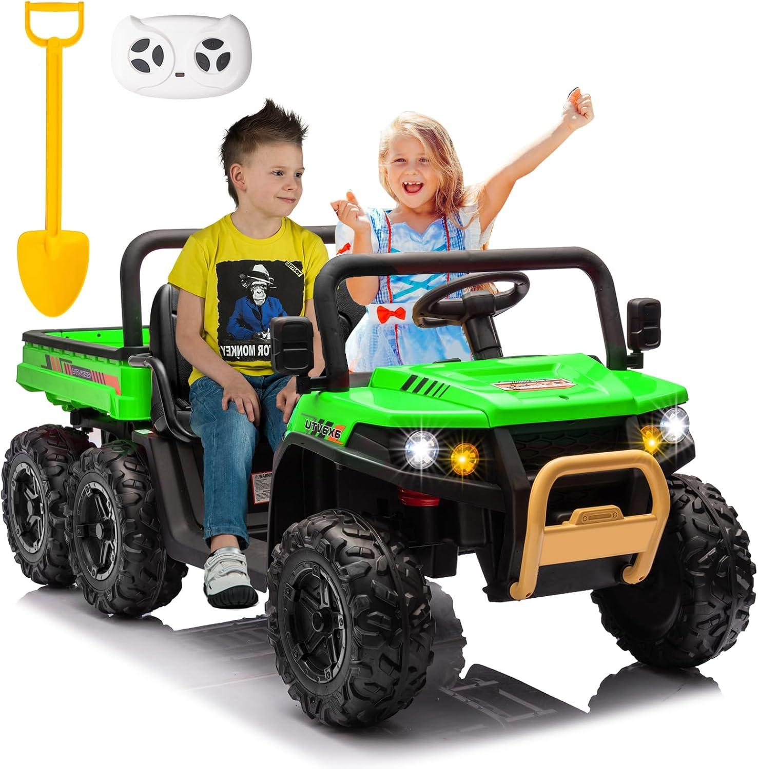 24V Ride on Toys with Remote Control, 2 Seater Electric Powered Ride on Dump Truck , 4WD 6-Wheel UTV Car w/ Tipping Bucket Trailer, Shovel, Suspension, Bluetooth Music, Big Kids, Green