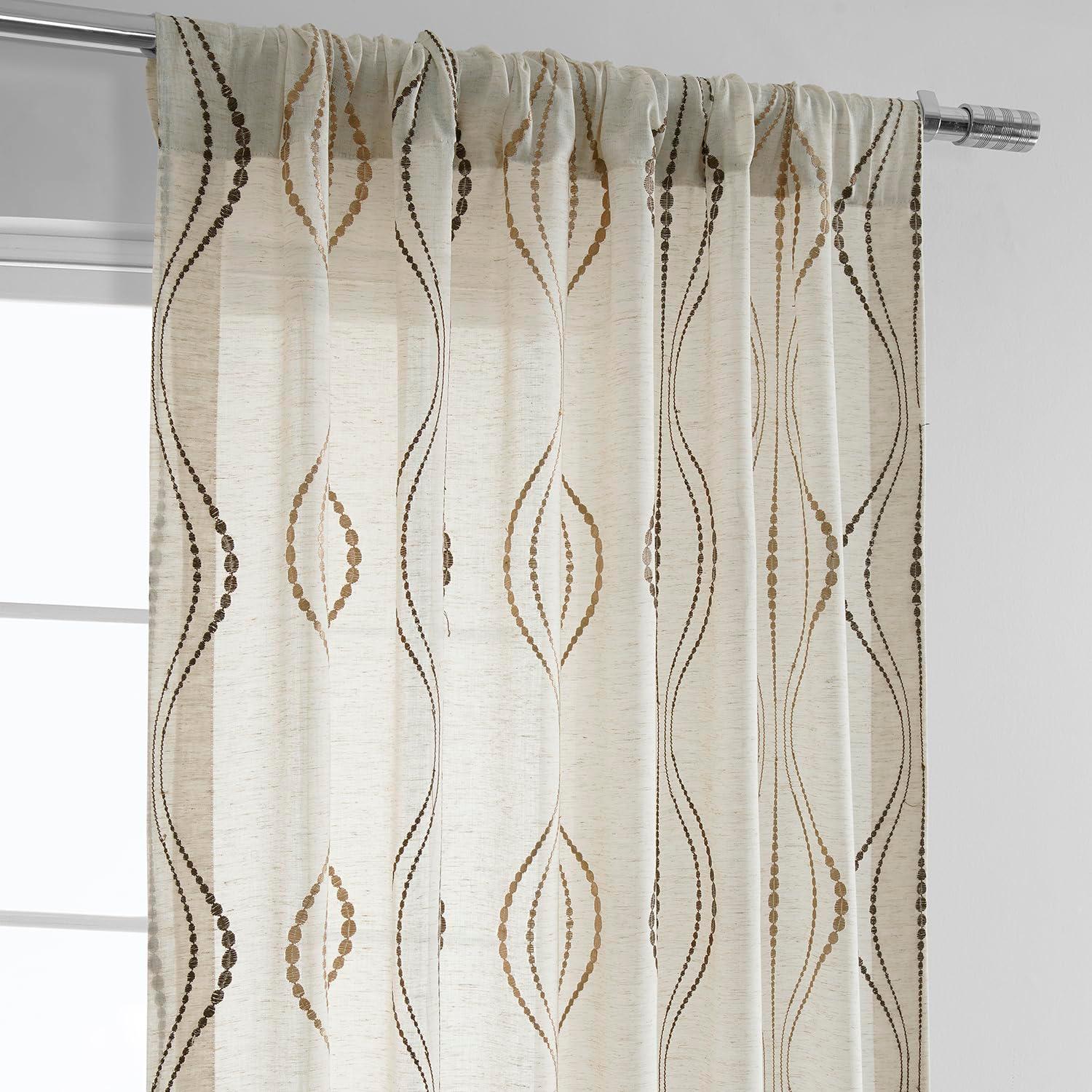 Suez Bronze Embroidered Faux Linen Sheer Curtain (1 Panel), Suez Bronze, 50W X 96L