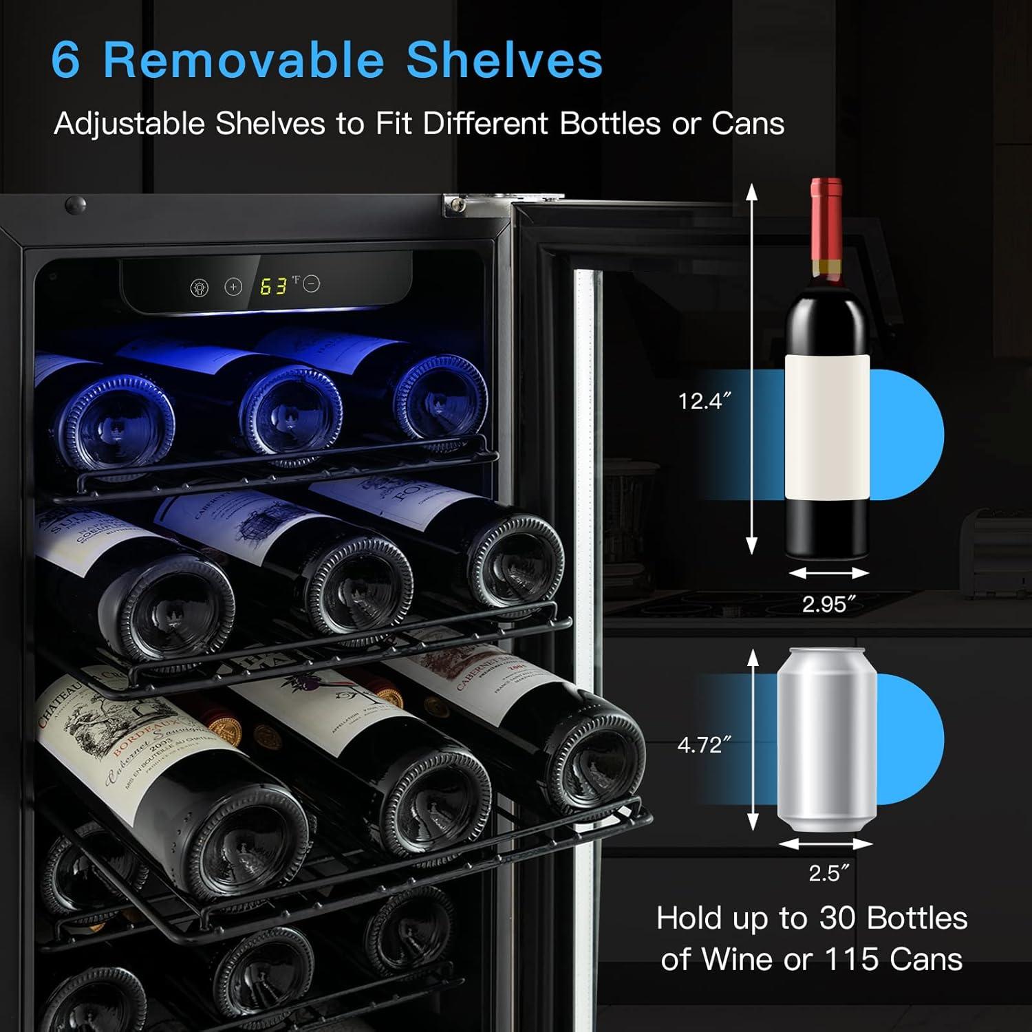 Costway 15'' Wine Beverage Cooler Refrigerator 30-Bottle Freestanding Built-in Fridge