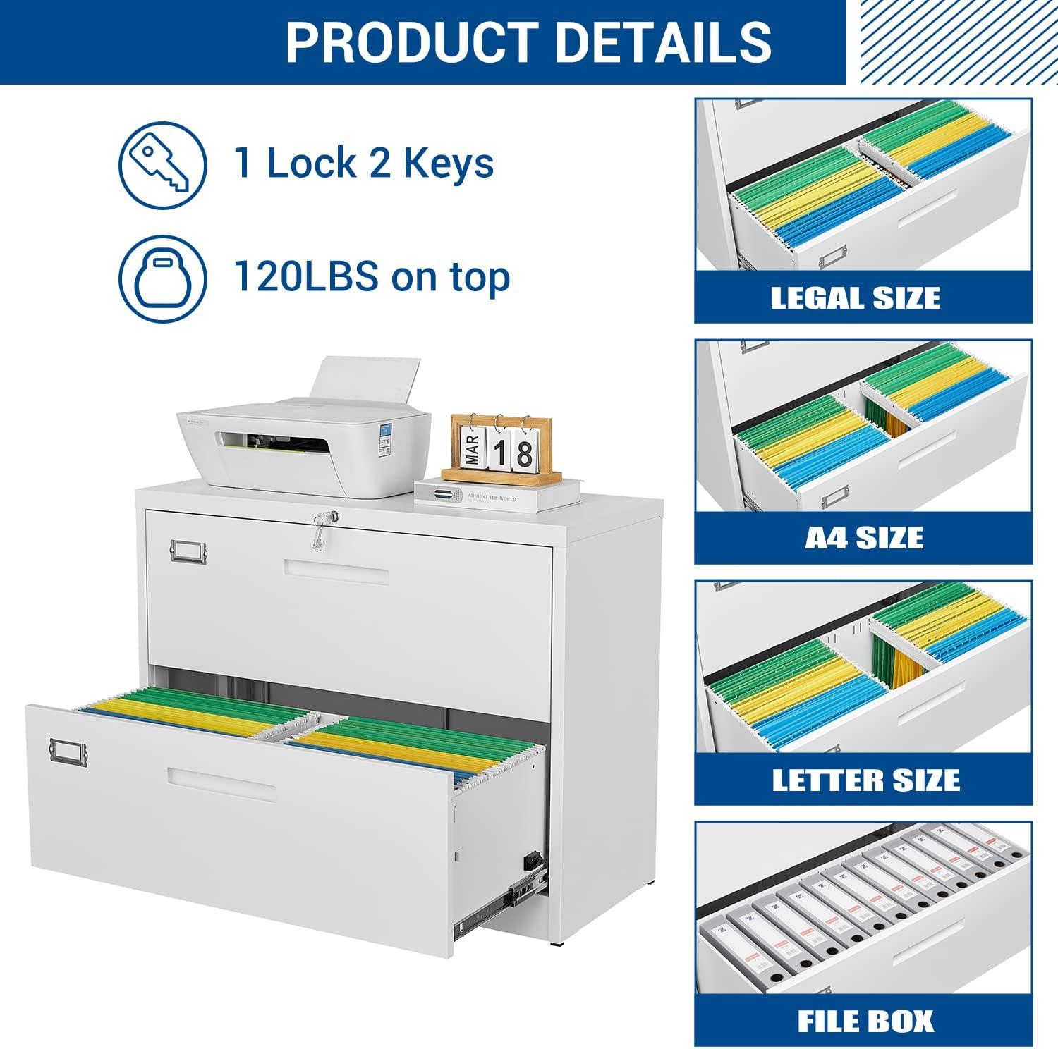 2 Drawer Lateral File Cabinet with Lock Metal Filing Cabinet Steel Wide File Cabinets with Anti-tilt Mechanism for Home Office/Legal/Letter/A4/F4 Size Hanging Files Assembly Required White