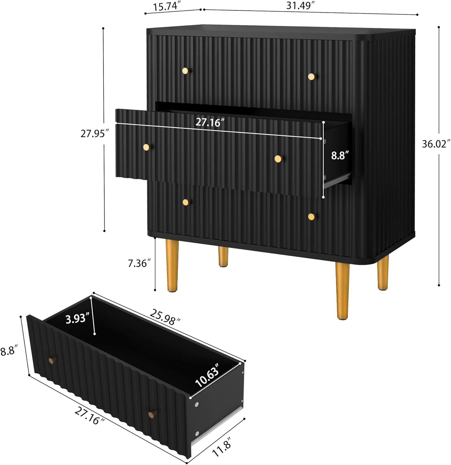 Black Vertical 3-Drawer Dresser with Gold Legs