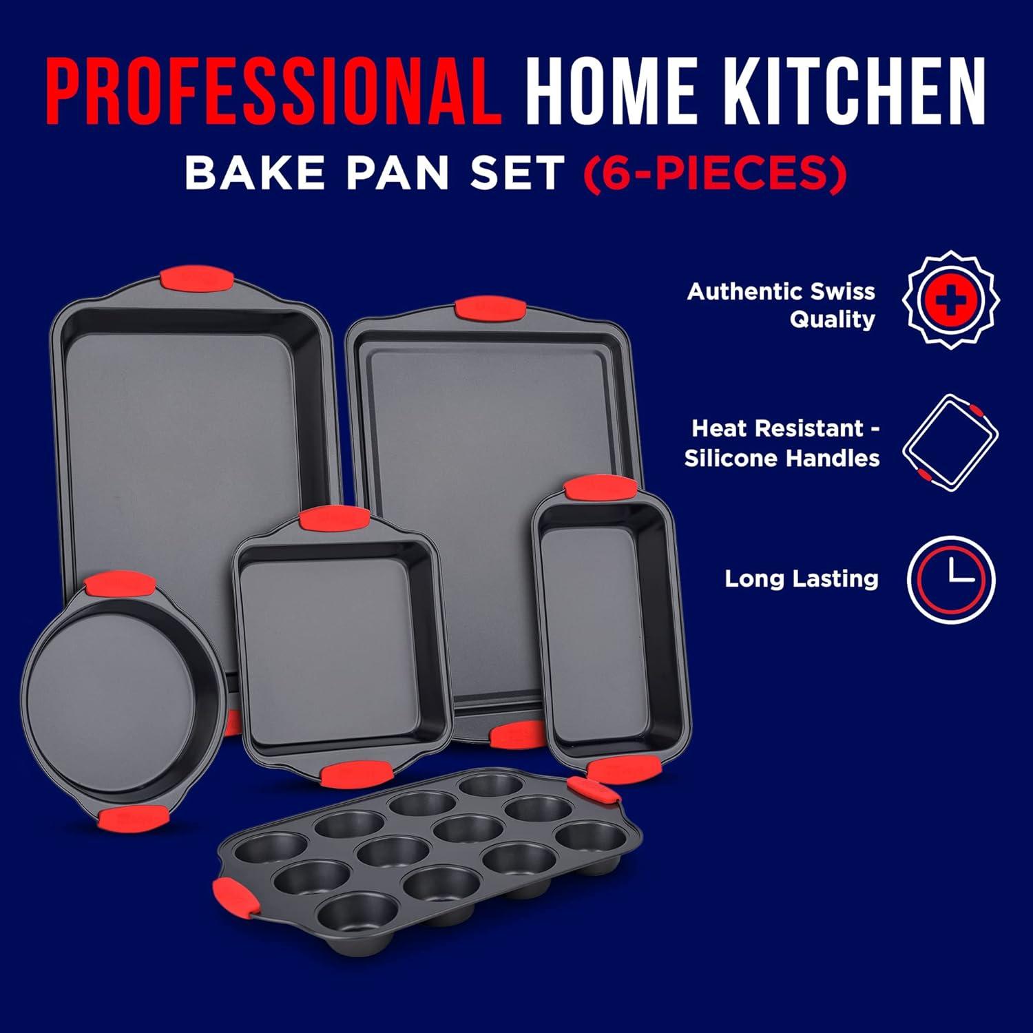 Deluxe Non-Stick Baking Set - 6 Piece Kitchen Oven Bakeware Set with Black Coating - Roaster Pan, Round Pan, Square Pan, Loaf Pan, Big Cookie Sheet, 12 Cup Muffin Pan - Up to 450°F Temperature Resista