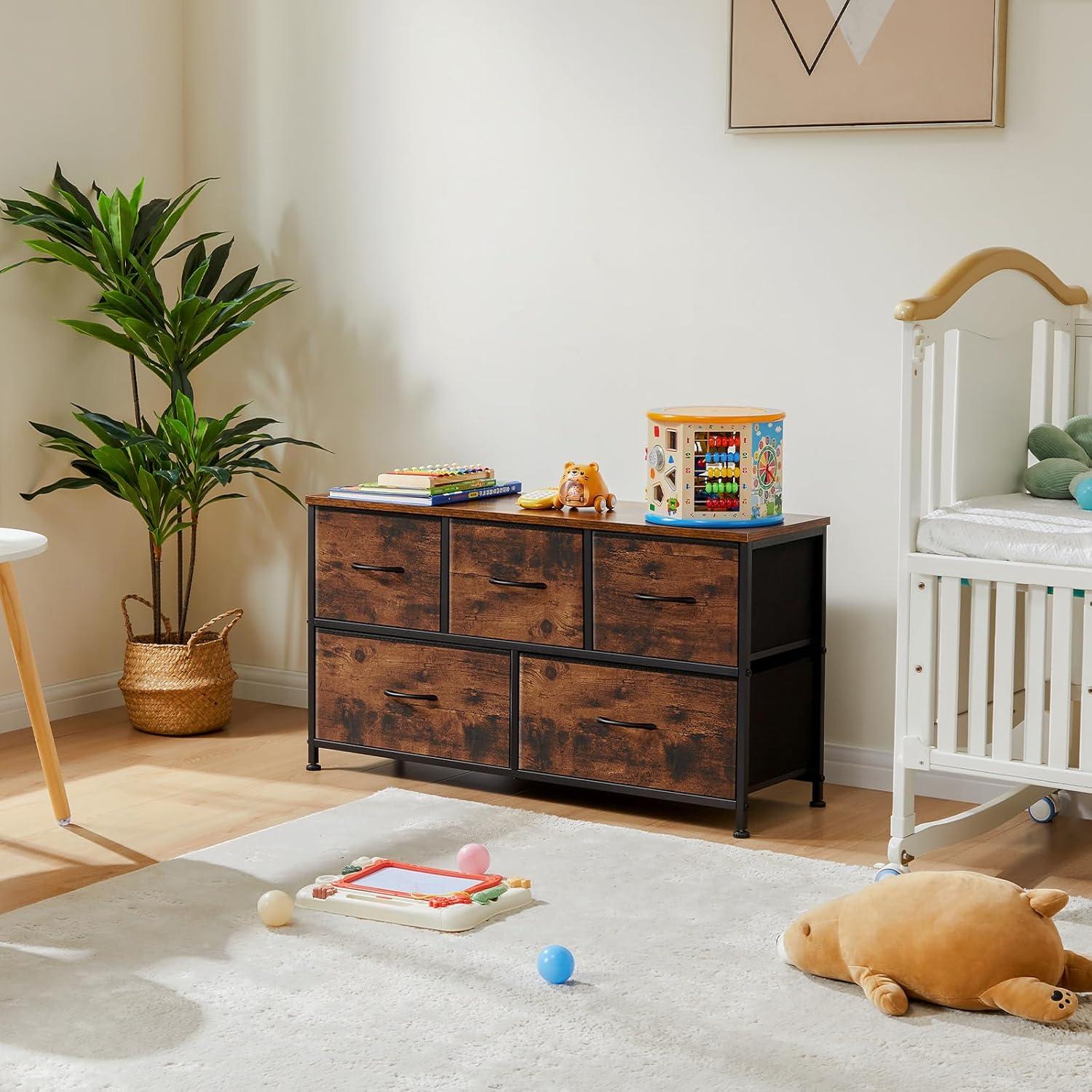 Rustic Brown 5-Drawer Fabric Storage Dresser with Wood Top