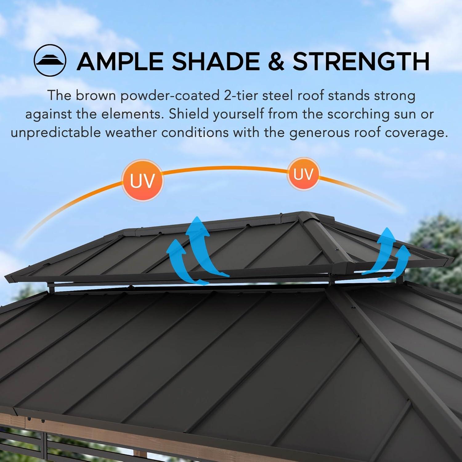 Sunjoy Sunjoy Wooden Grill Gazebo with AC Power Port, 8 x 12 ft. Steel Hardtop Outdoor Gazebo for Year-Round Grilling, Cedar Framed Gazebo with Built-in Electrical Outlets and Decorative Fence
