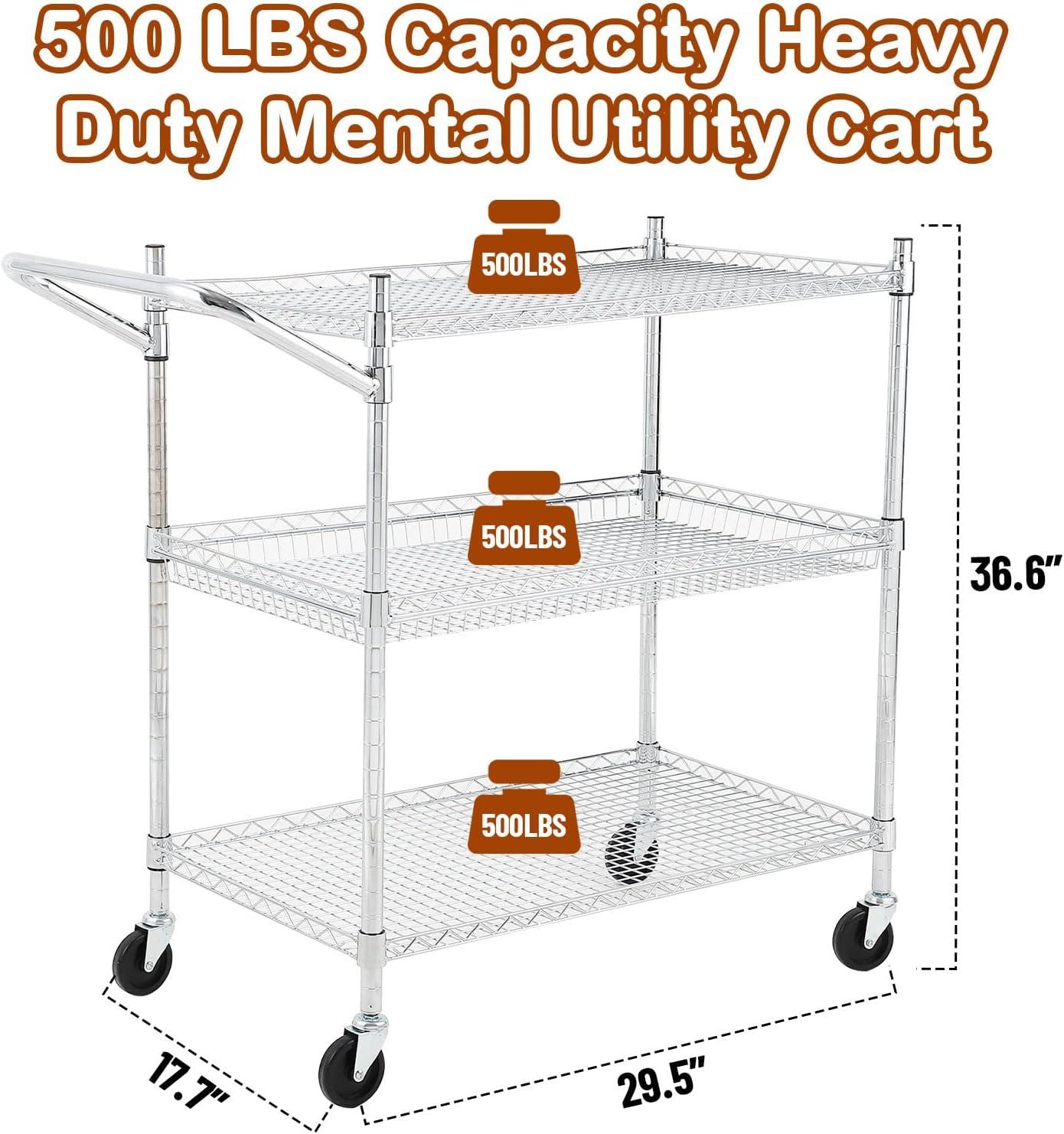 Silver 3-Tier Alloy Steel Utility Cart with Wheels