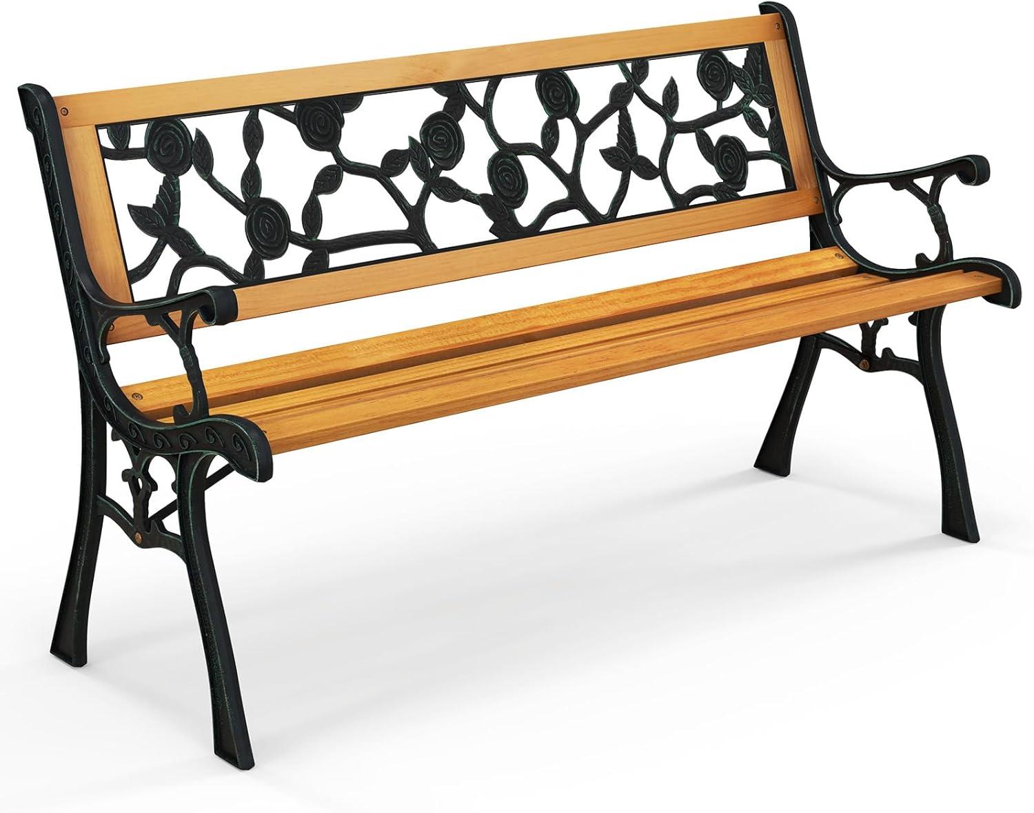 Tangkula Garden Cast Iron Bench Porch Path Loveseat Hardwood Chair for Patio Park