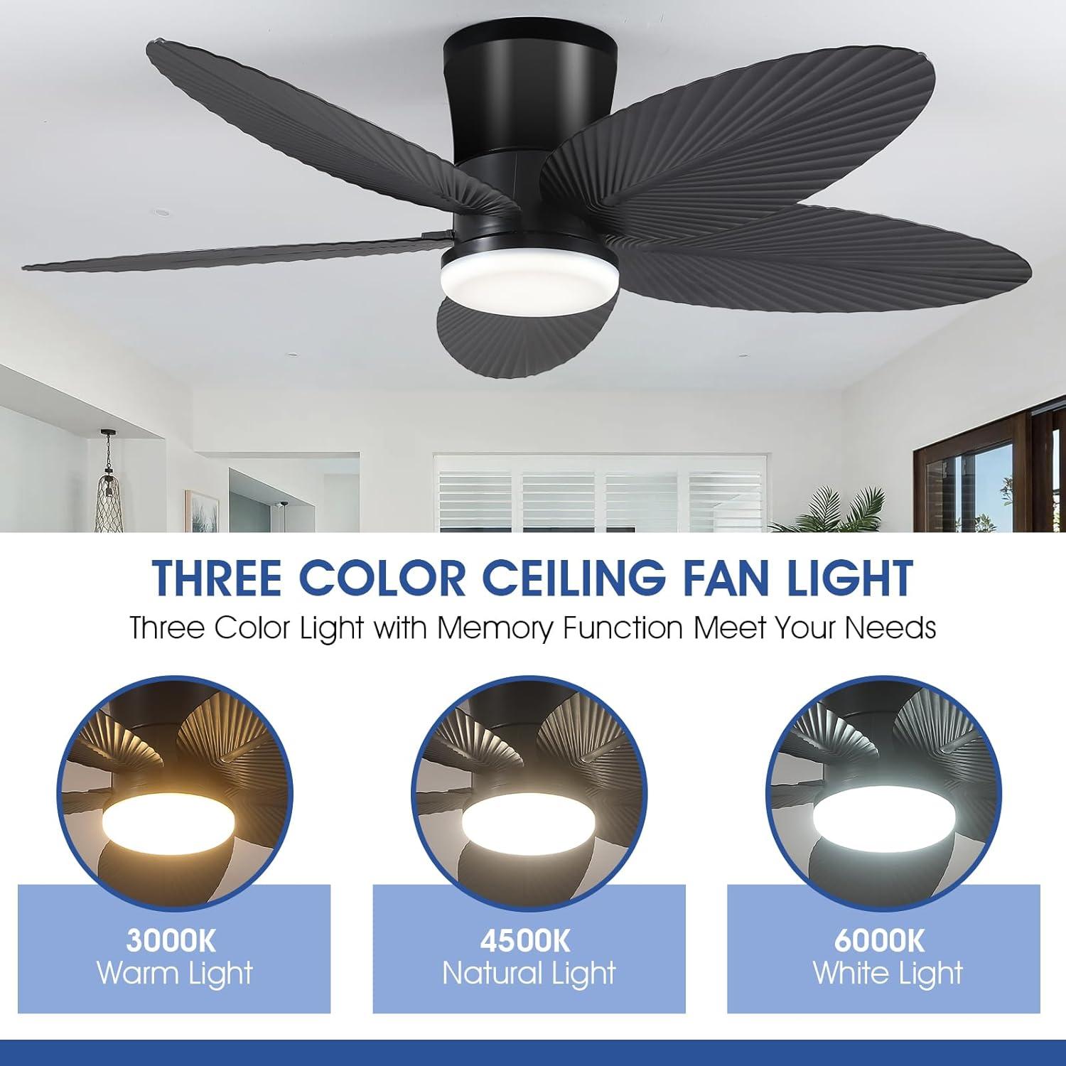 Palm Leaf Ceiling Fans with Lights-42 Tropical Ceiling Fan with Light and Remote/APP Control,Flush Mount Low Profile Black Ceiling Fans for Bedroom,Indoor/Outdoor Patio Use