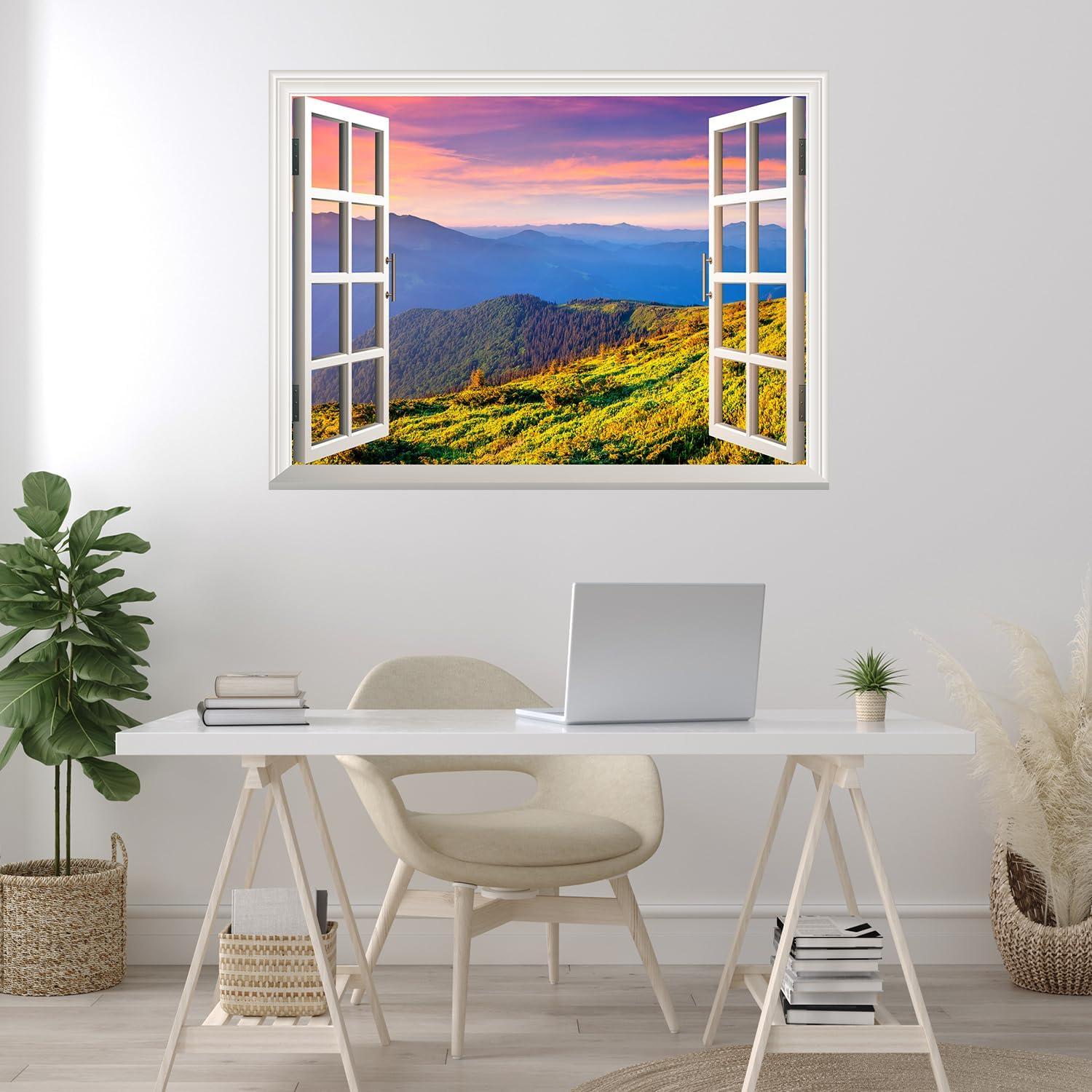 wall26 Removable Wall Sticker/Wall Mural - Beautiful View of Mountain Range at Sunrise | Creative Window View Wall Decor - 24 Inchx32 Inch