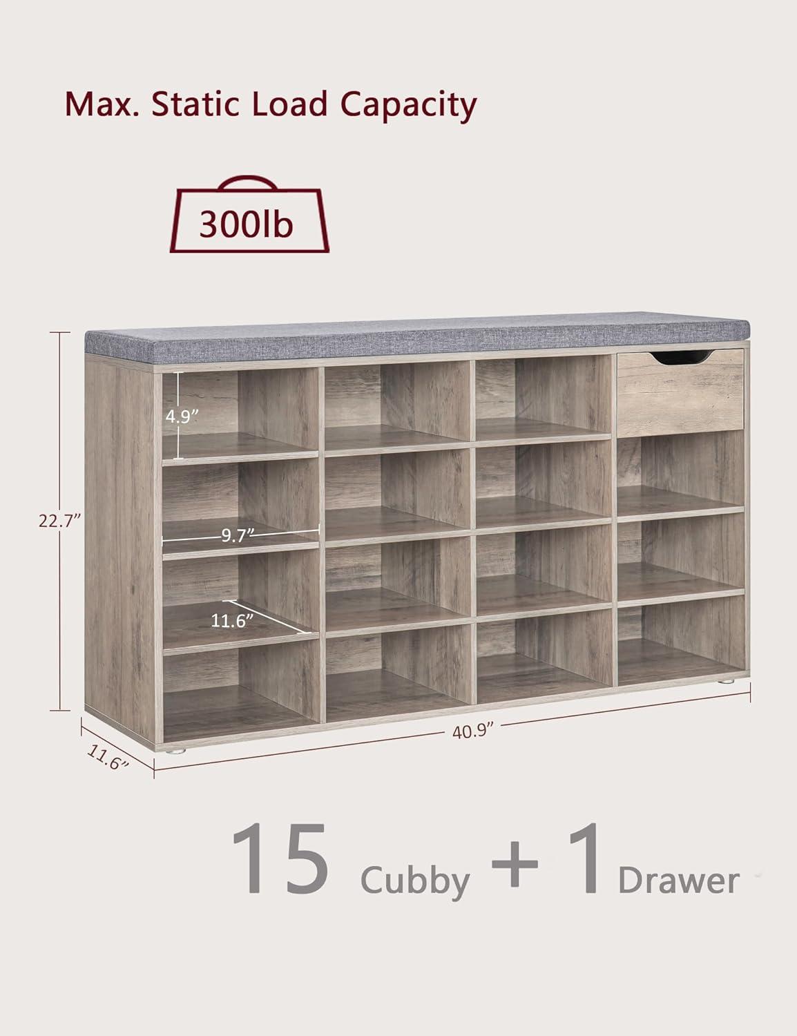 Shoe Rack Bench with Cushion 15-Cube Storage Bench Storage Cabinet for Entryway Espresso