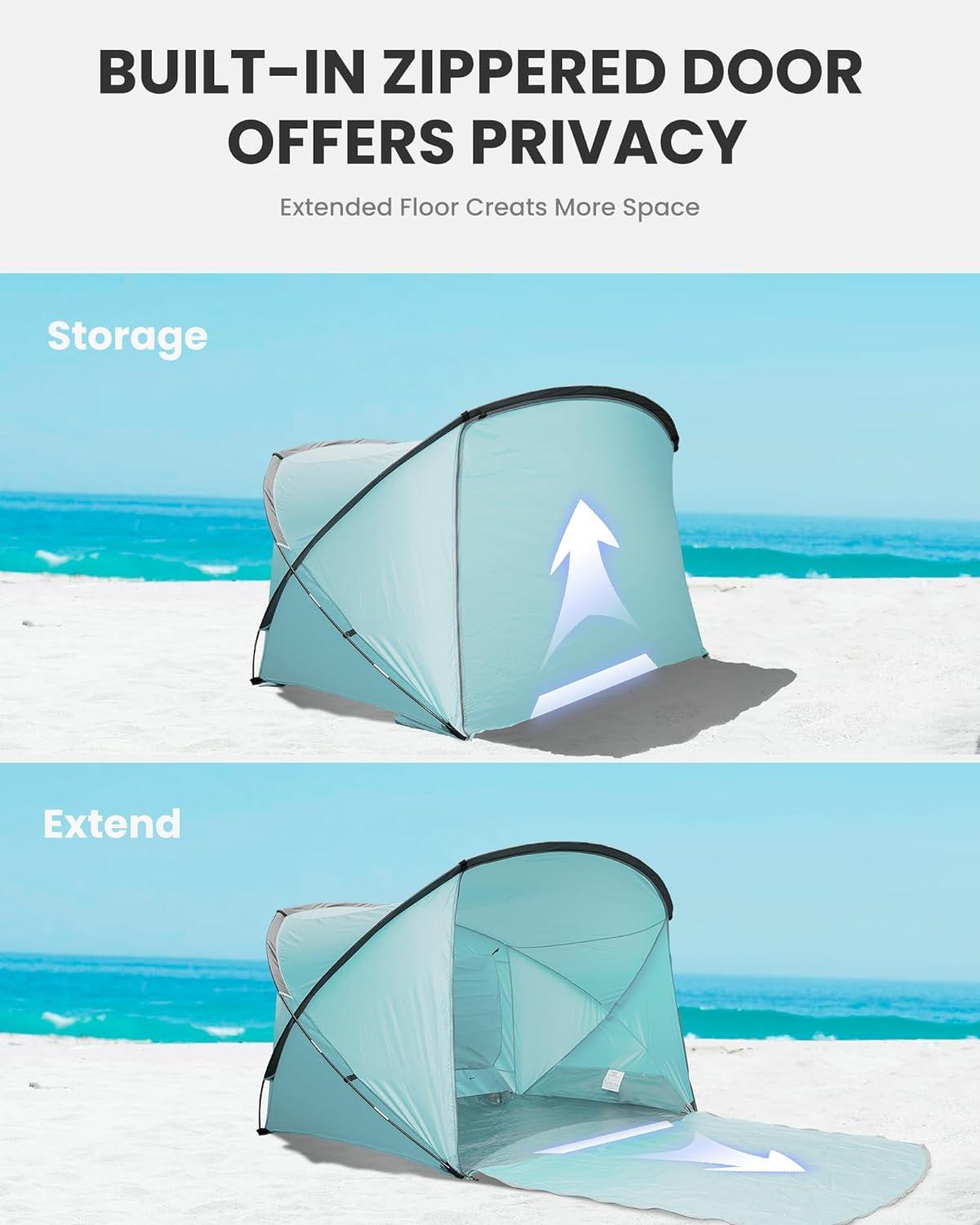 OutdoorMaster Beach Tent for 3-4 Person - Easy Setup and Portable Beach Shade Sun Shelter Canopy with UPF 50+ UV Protection Removable Skylight Family Size-Green
