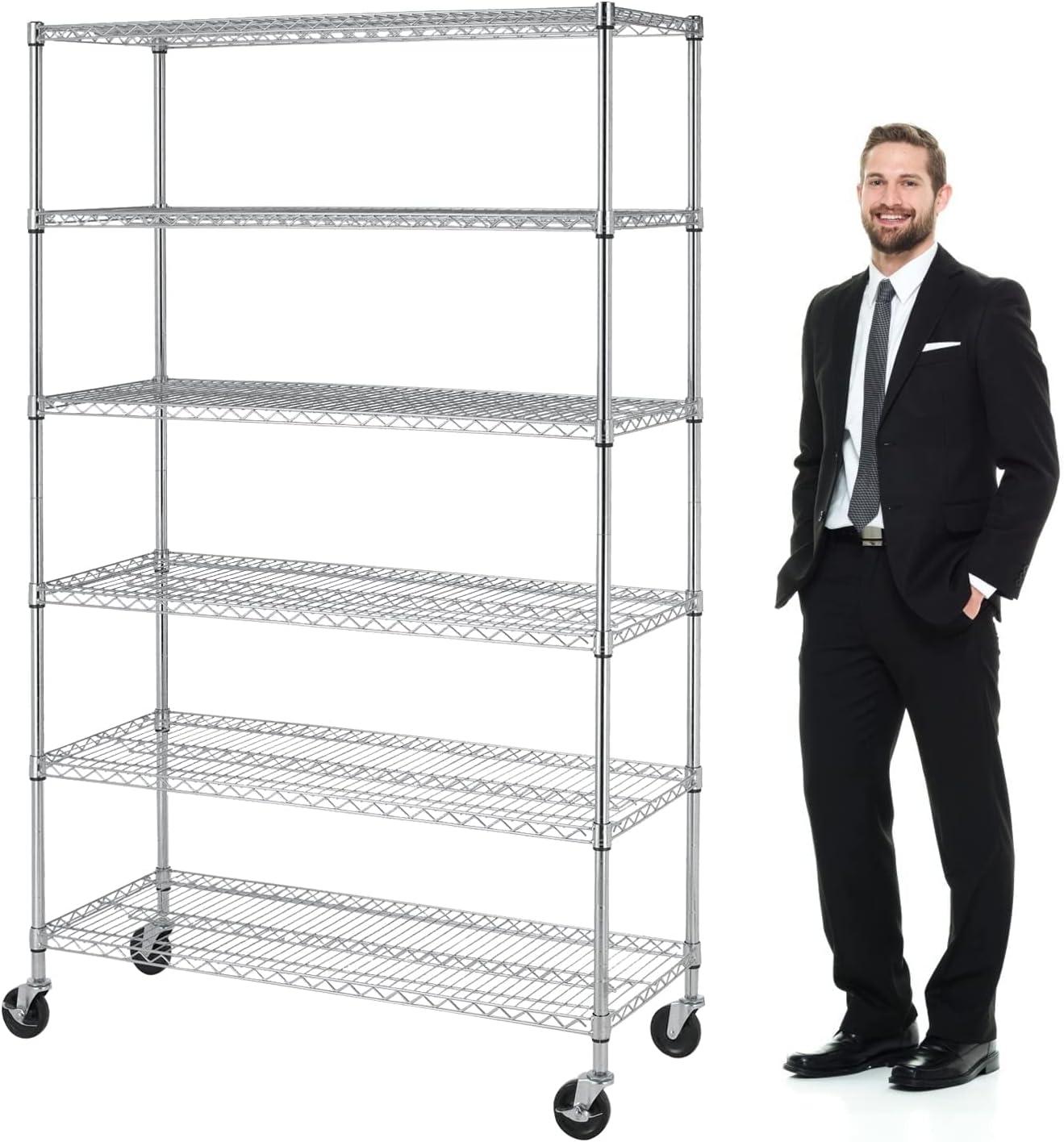 Chrome Heavy Duty Adjustable 6-Tier Metal Storage Rack with Wheels