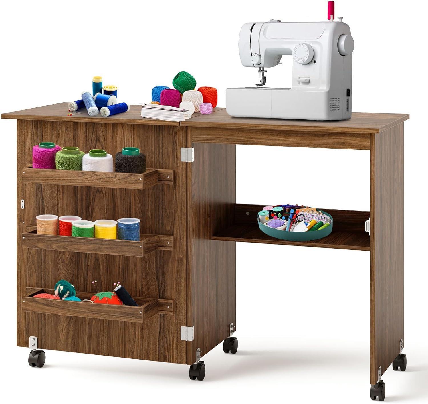 Costway Folding Sewing Craft Table Shelf Storage Cabinet Home Furniture W/Wheels Brown