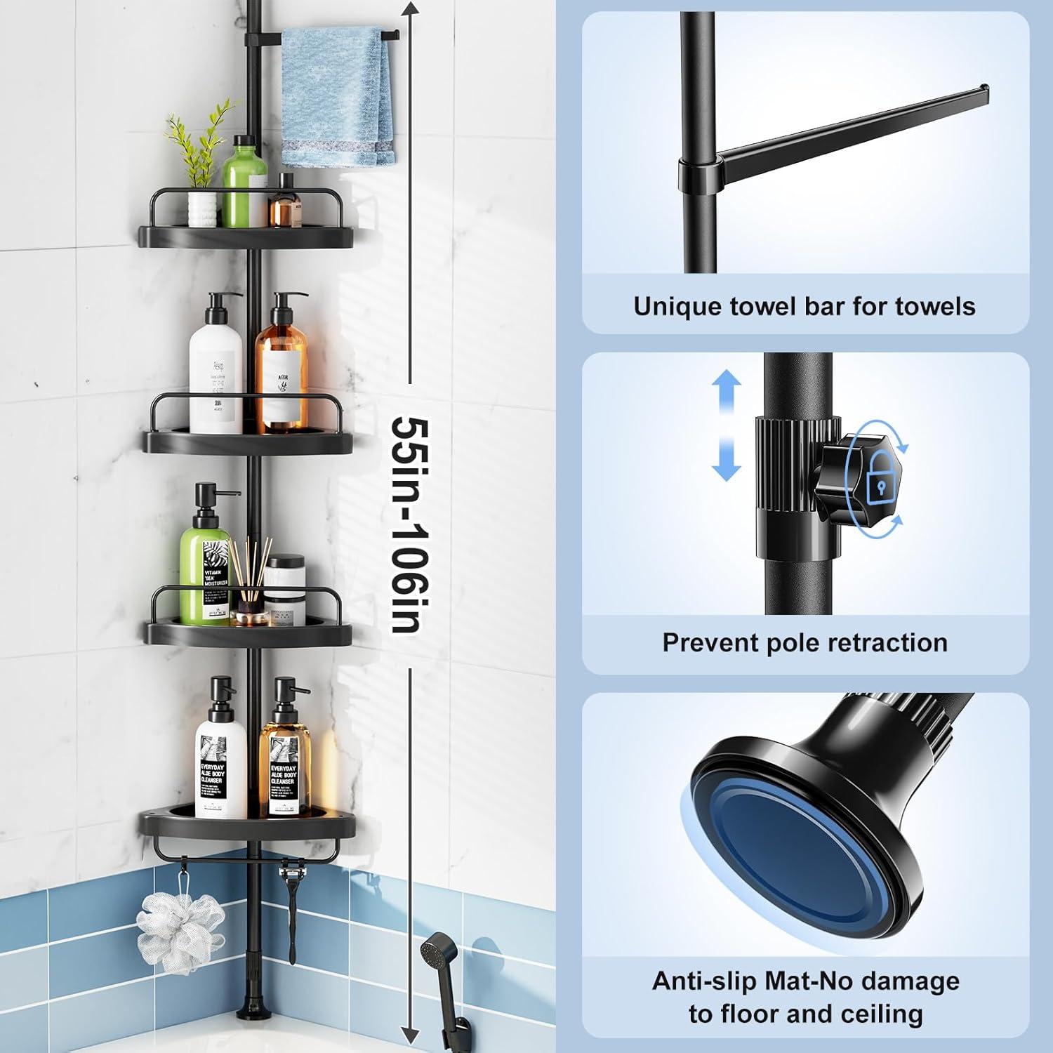 Corner Shower Caddy Tension Pole: Rust Proof 4Tier Shampoo Storage Organizer for Inside Shower - Telescoping Rod Shower Rack for Bathroom and Bathtub - Restroom Floor Standing Bath Rack Holder Black