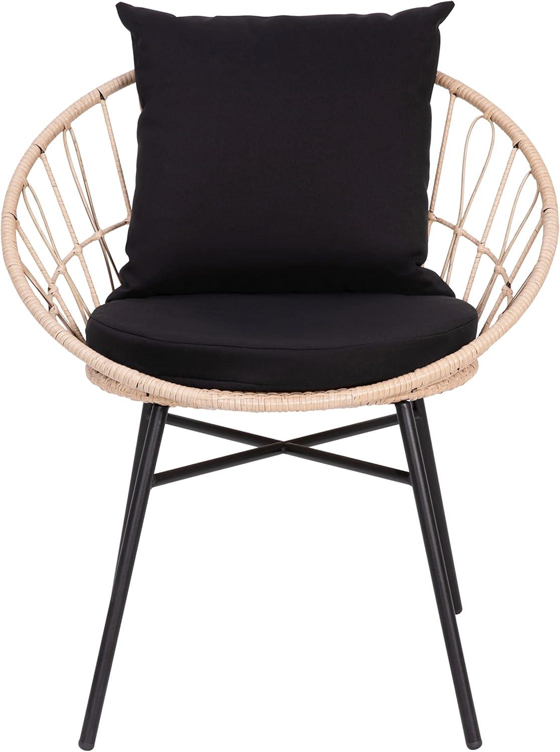 Taylor & Logan Fielder 3-Piece Tan Indoor/Outdoor Bistro Set with Papasan Style Rattan Rope Chairs, Glass Top Side Table & Black Cushions