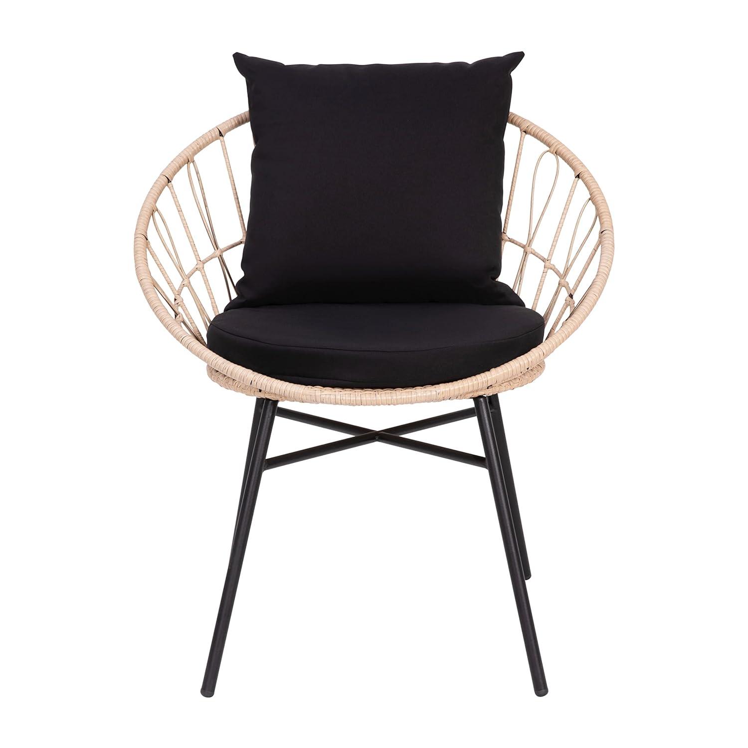 Taylor & Logan Fielder 3-Piece Tan Indoor/Outdoor Bistro Set with Papasan Style Rattan Rope Chairs, Glass Top Side Table & Black Cushions