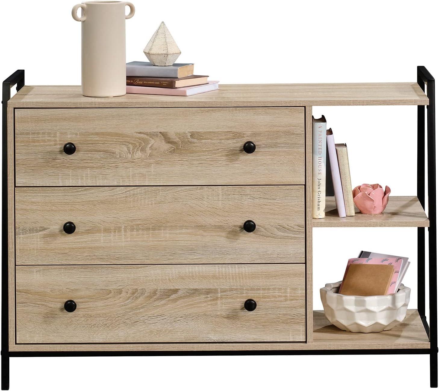 Charter Oak and Black Metal 3-Drawer Dresser with Open Shelves