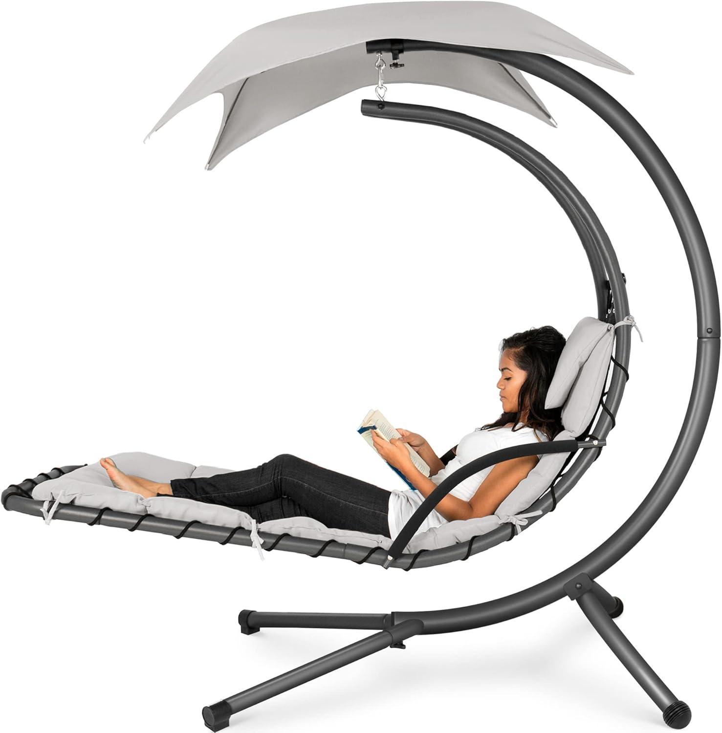 Best Choice Products Hanging Curved Chaise Lounge Chair Swing for Backyard, Patio w/ Pillow, Shade, Stand - White Sand