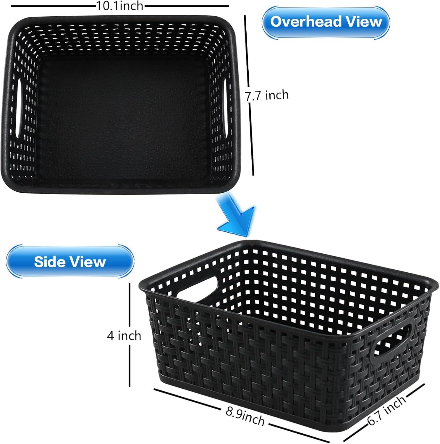 Black Rectangular Plastic Woven Storage Baskets, Set of 6