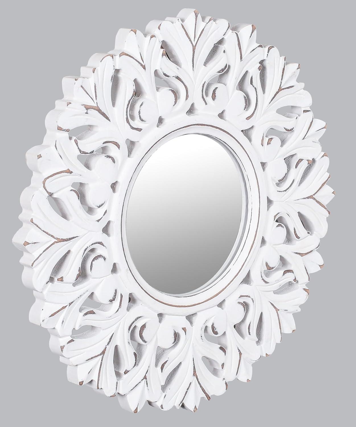 Rustic Carved Round Wall Mirror - 23.5"Dia. - White