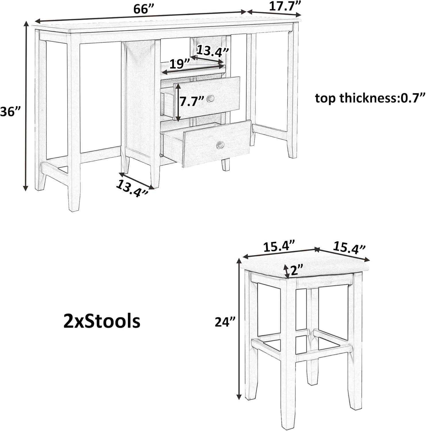 3-Pieces Farmhouse Rustic Counter Height Wood Dining Table Set with 2 Cabinet Storage Drawers and 2 Stools, Dining Table Feature Sets For Living Room, Bedroom, Kitchen, Office, Gray