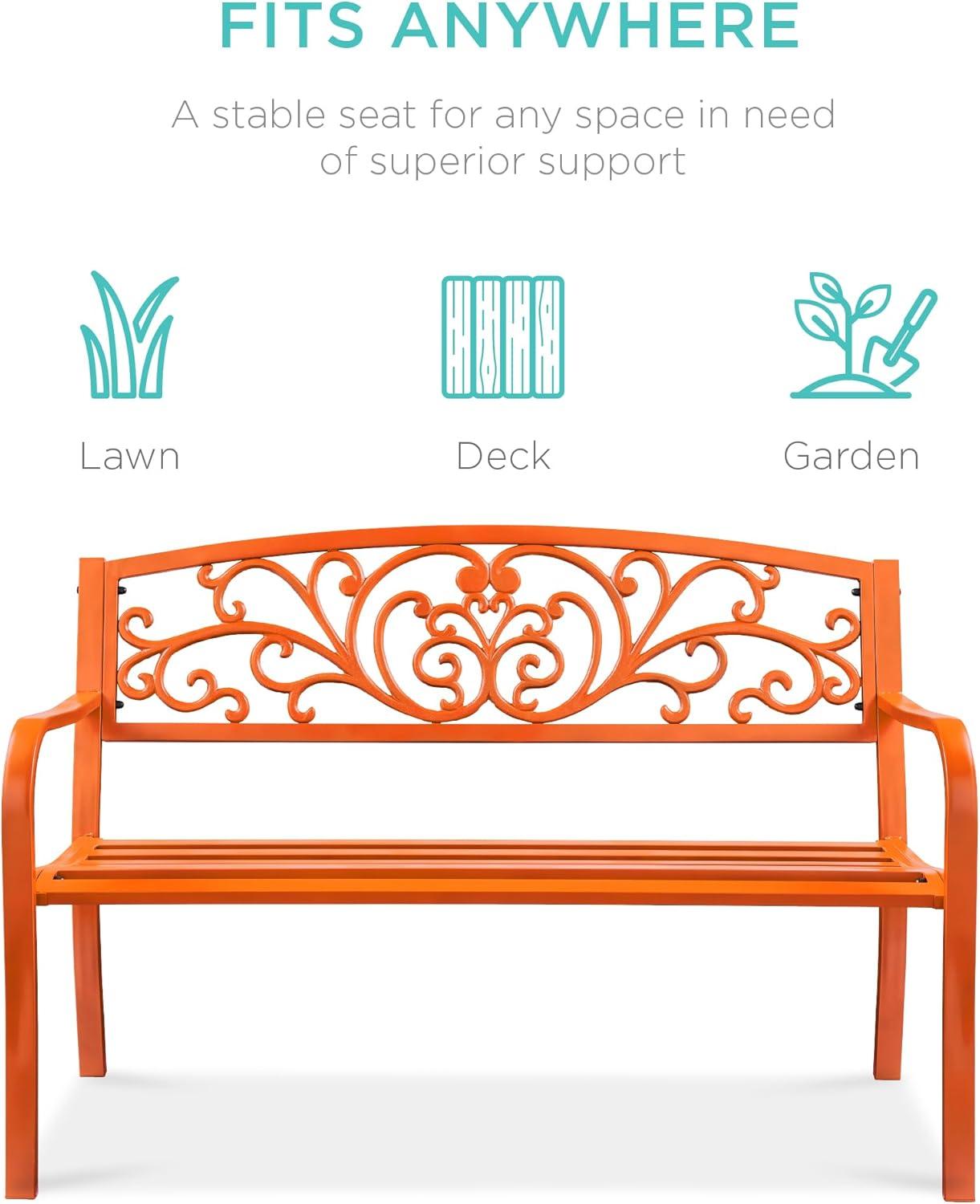 World Menagerie Outdoor Steel Bench with Floral Backrest & Slatted Seat, Marigold for Garden, Patio, Porch, Lawn, and Deck
