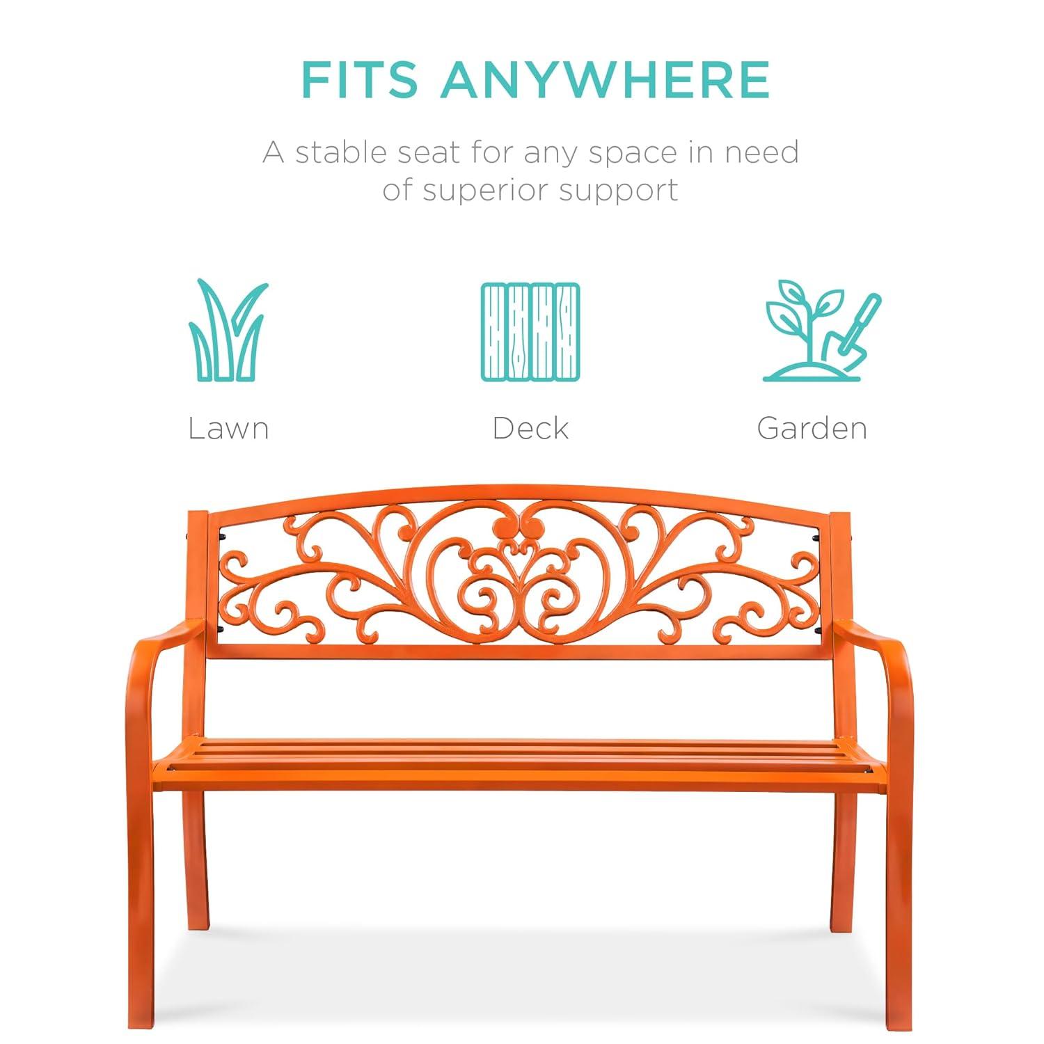 World Menagerie Outdoor Steel Bench with Floral Backrest & Slatted Seat, Marigold for Garden, Patio, Porch, Lawn, and Deck