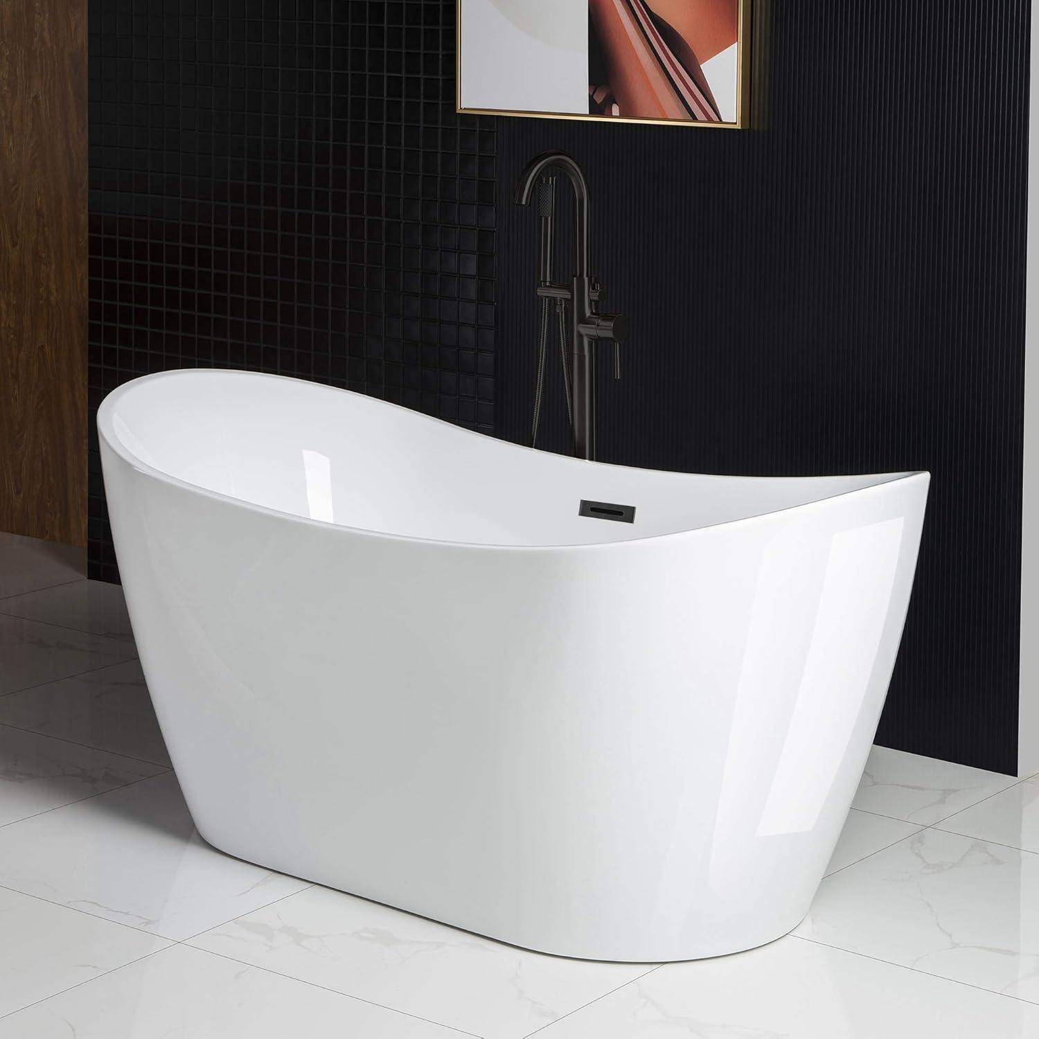 59" White Acrylic Freestanding Oval Bathtub with Matte Black Overflow