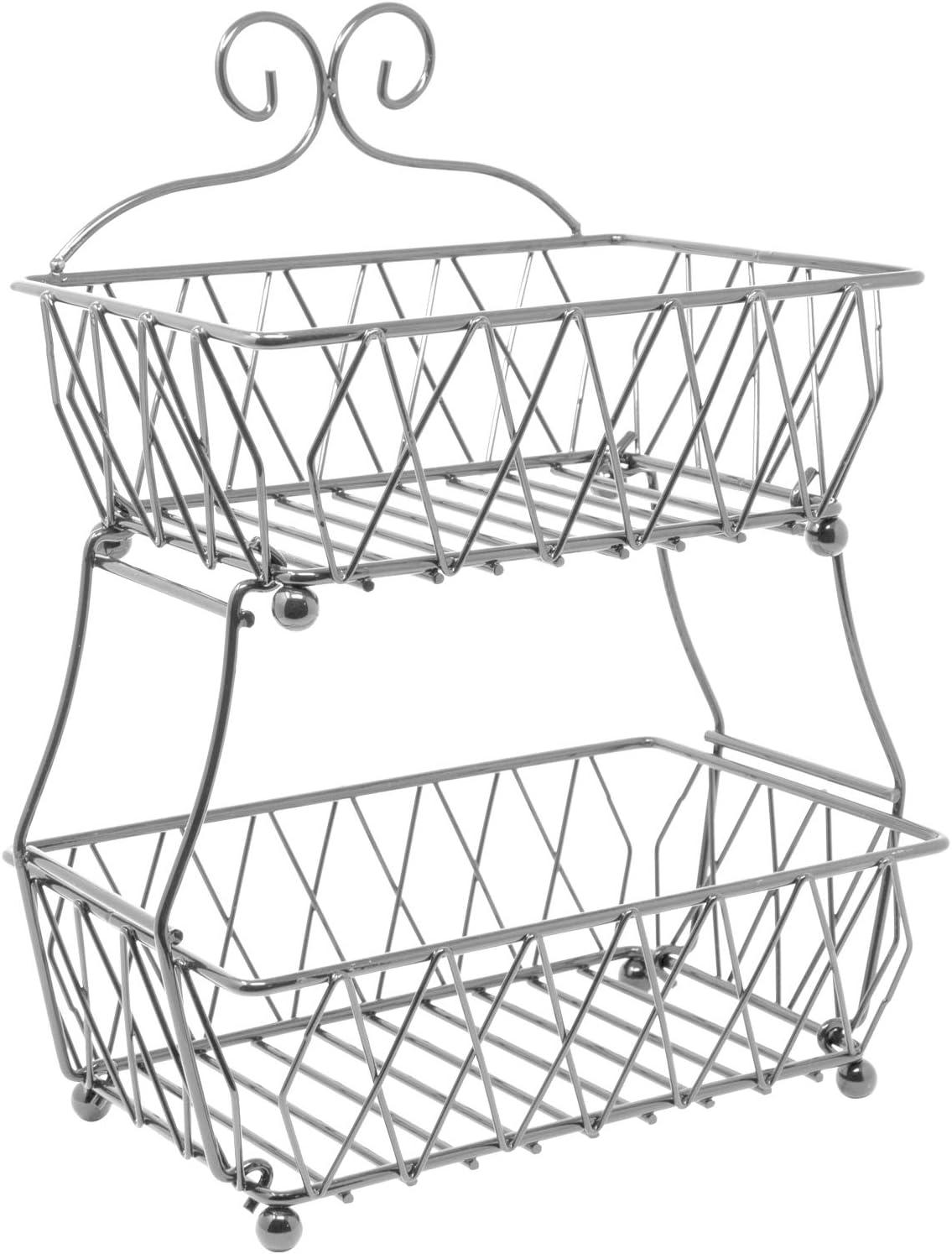 Silver 2-Tier Rectangular Metal Fruit Basket Stand