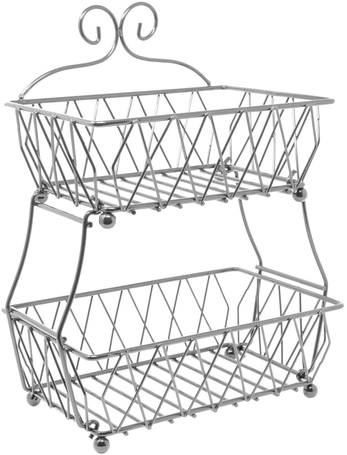 2-Tier Fruit Bread Basket Display Stand, Counter Storage for Kitchen, Bathroom, Rectangular Antique Metal