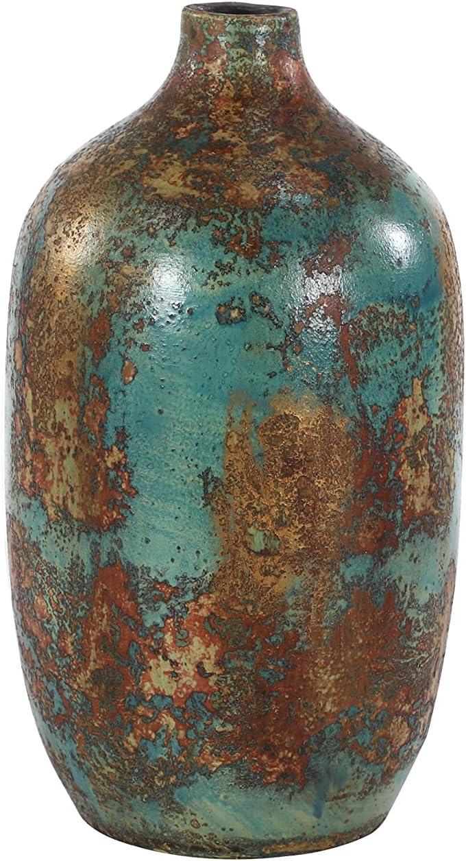 Rustic Turquoise and Bronze Ceramic Decorative Vase