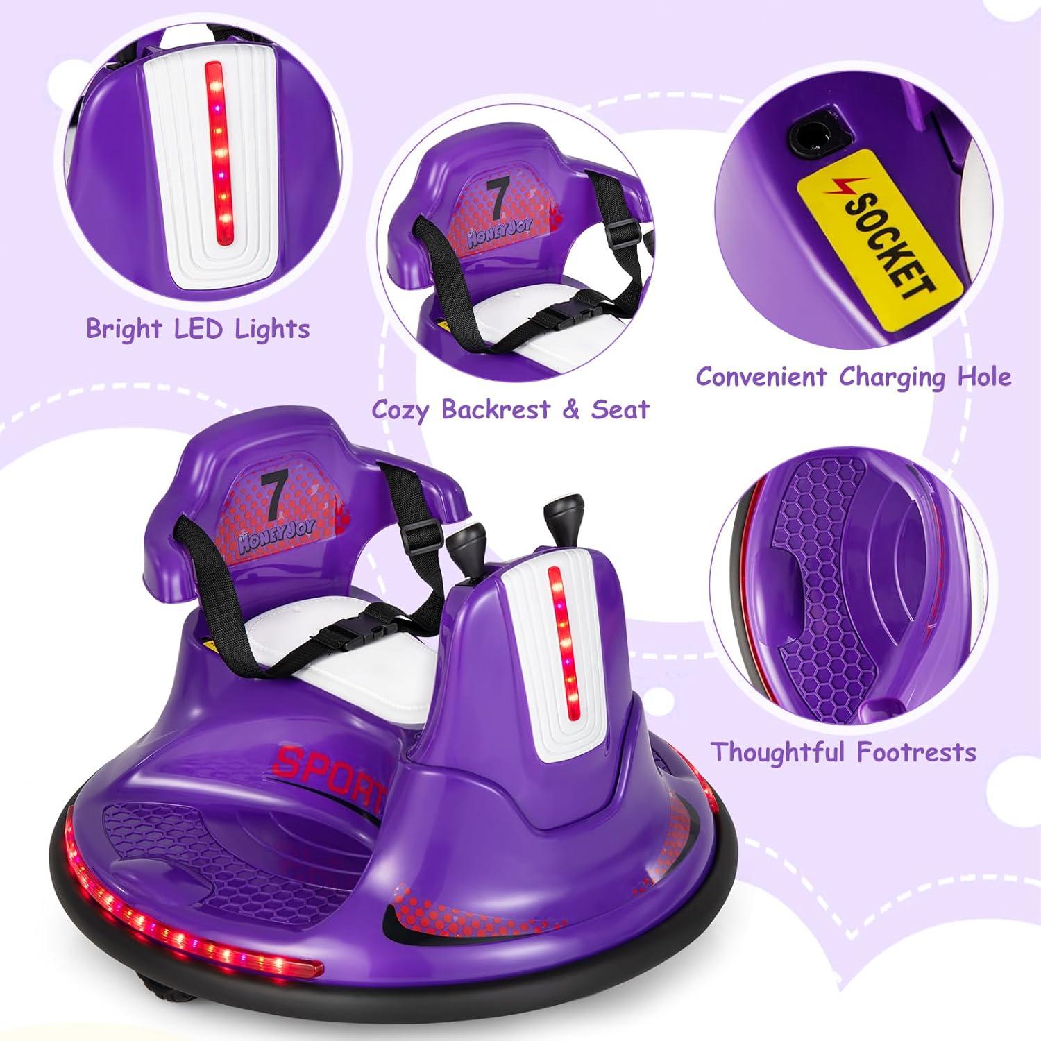 Honeyjoy 12V Bumper Car for Kids Toddlers Electric Ride On Car Vehicle with 360° Spin Purple