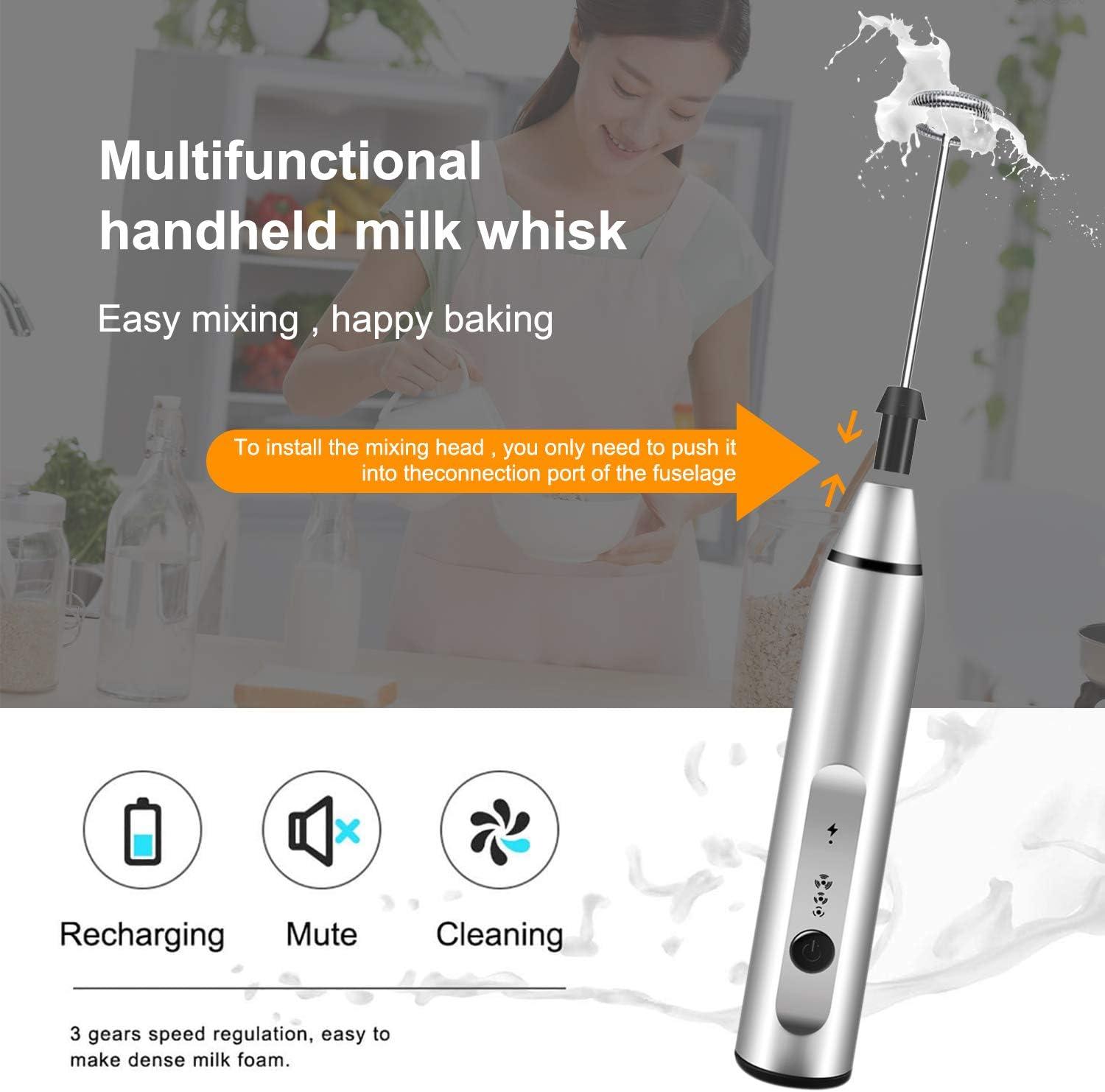 Rechargeable Silver Handheld Milk Frother with Art Stencils