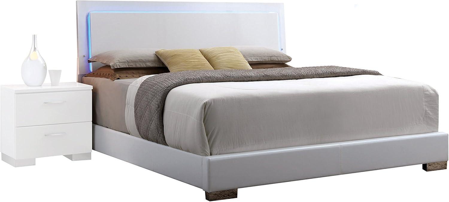 Lorimar High Gloss White Queen Bed with LED Headboard and Faux Leather