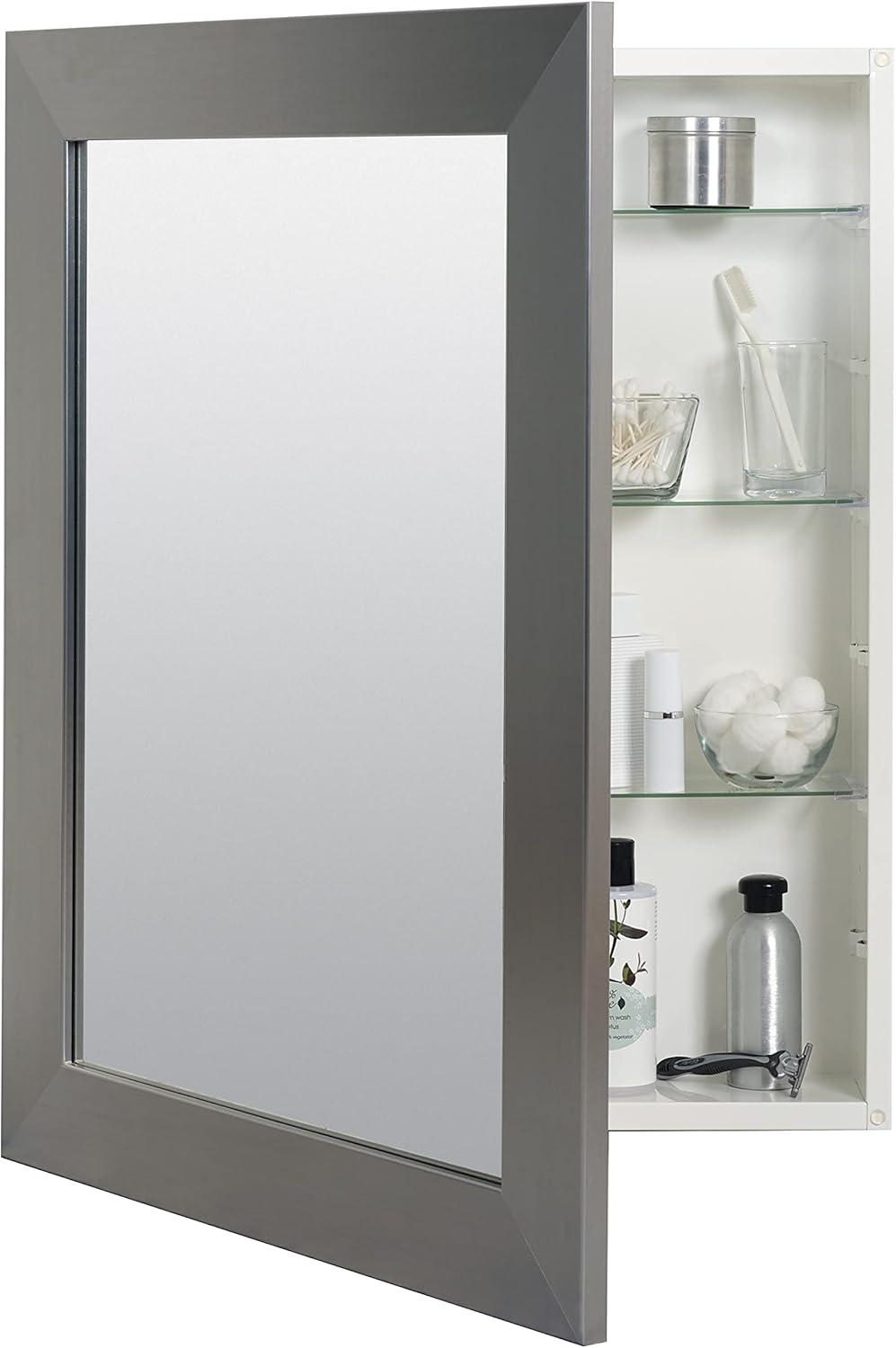 Zenna Home Recessed/Wall Mount Rectangle Framed Mirror Medicine Cabinet, 24.5"x30.5", Brushed Nickel