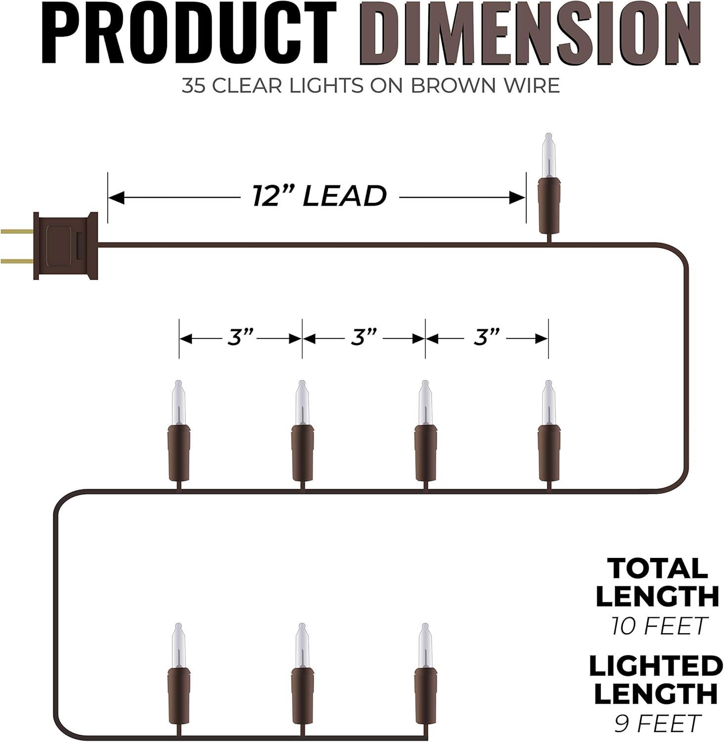 612 Vermont 35 Clear Mini Christmas String Lights on Brown Wire Cord, UL Approved for Indoor Use Only, 9 Foot of Lighted Length, 10 Foot of Total Length