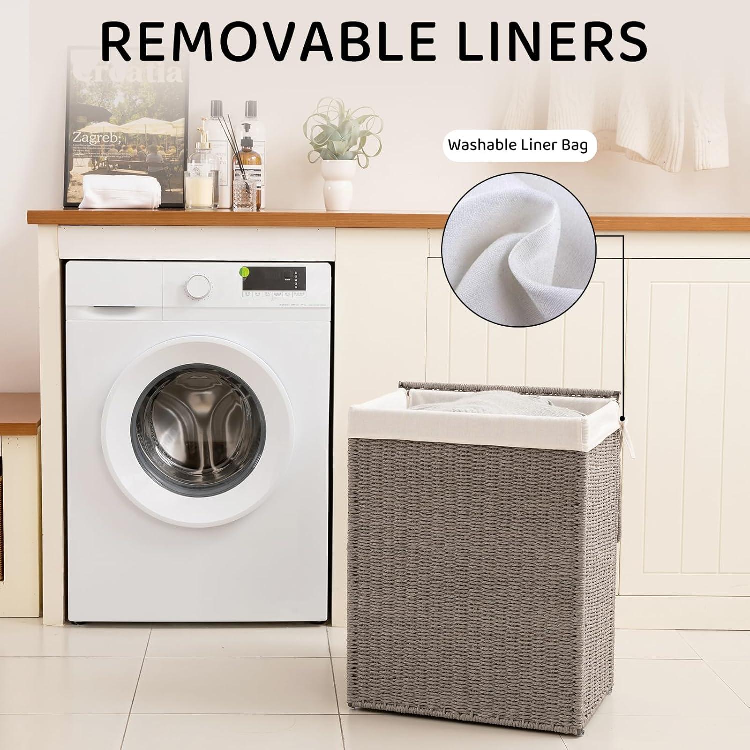 OIAHOMY Laundry Hamper with Lid, 23.8 Gal (90L) Wicker Hamper with Removable Liner Bags, Handwoven Clothes Basket with Handles, Foldable Woven Paper Rope Basket for Laundry Room, Bedroom-Grey