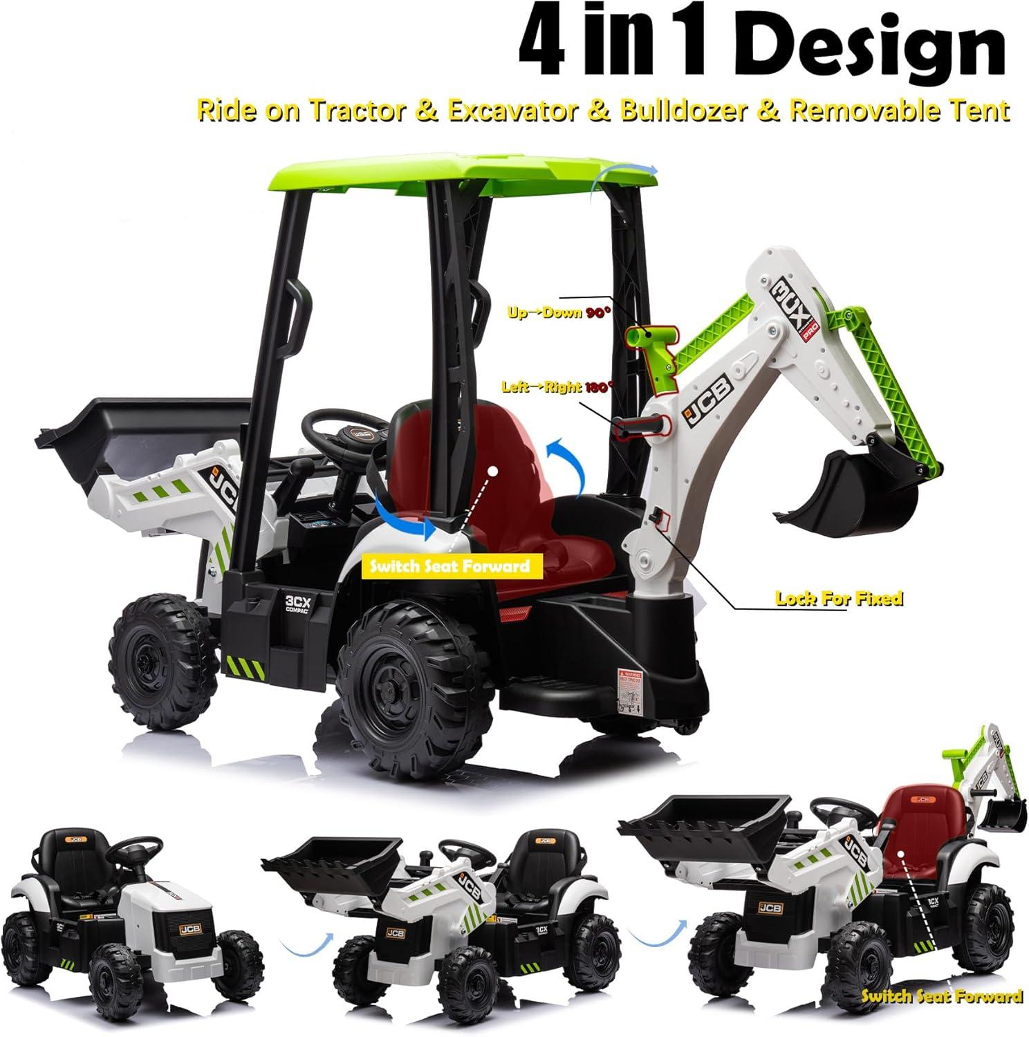 EastVita 4 in 1 Ride on Tractor, Excavator & Bulldozer with Tent,12V Ride on Car Digger Electric Vehicle with Remote Control, Front Loader, Horn, EVA Tires, Kids Ride on Car Toy