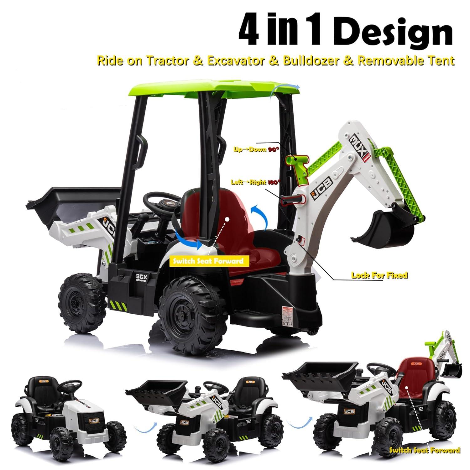 EastVita 4 in 1 Ride on Tractor, Excavator & Bulldozer with Tent,12V Ride on Car Digger Electric Vehicle with Remote Control, Front Loader, Horn, EVA Tires, Kids Ride on Car Toy