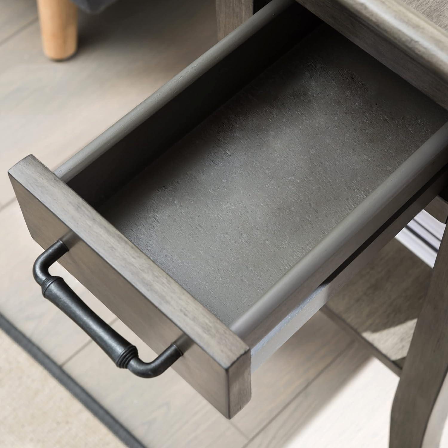 Smoke Gray Wash Wood Side Table with Drawer and Shelf