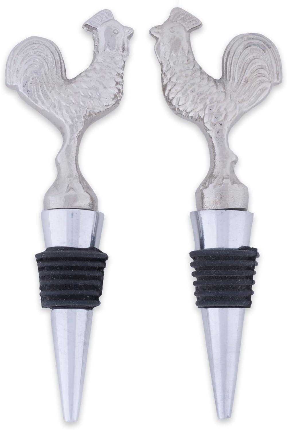 Silver Rooster Metal Wine Bottle Stoppers, Set of 2