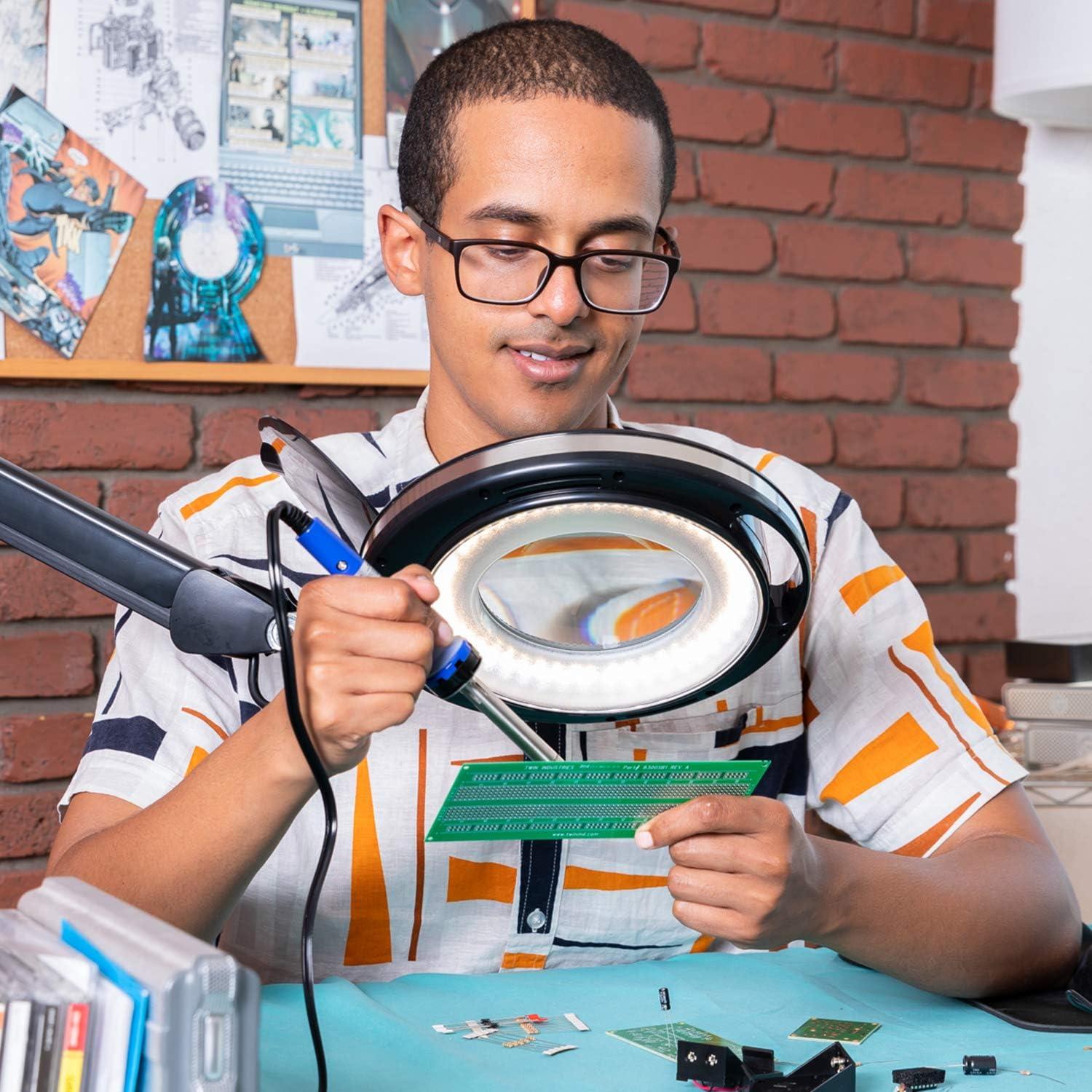 Brightech Lightview Pro 33 in. Adjustable Swing Arm Integrated 2.25X Magnifying Dimmable LED Desk Clamp Lamp