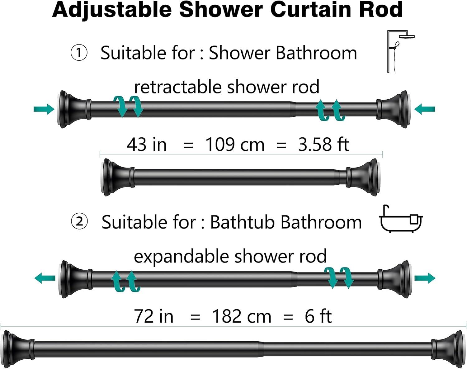 BloomFlower Black Shower Rod with 12 Hooks, 43-72 Inches, Rust Resistance, Adjustable Tension Rod with Durable Spring