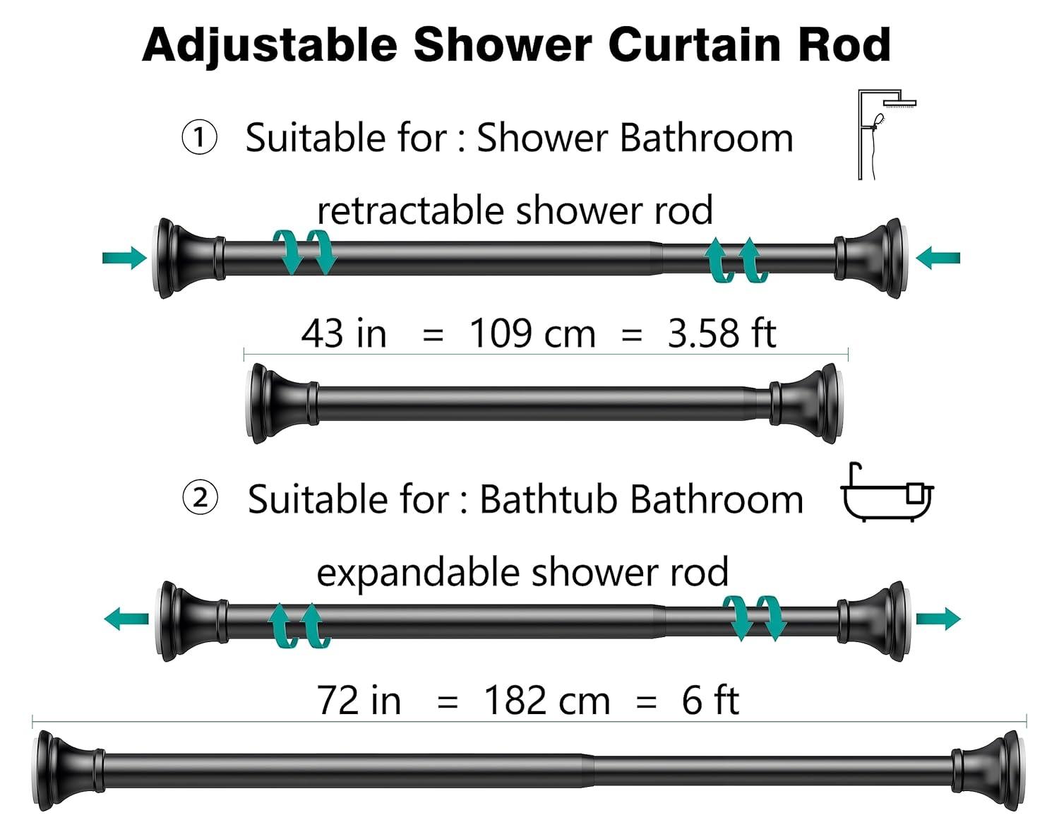 BloomFlower Black Shower Curtain Rod, 43-72 inches, Matte Black,Never Rust , Metal Rod,Tension Rod with Spring